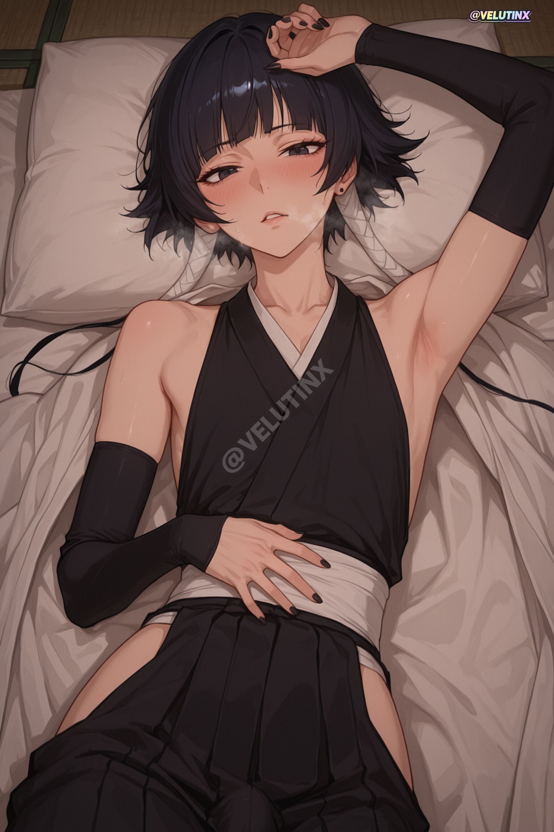 1femboy, ai generated, androgynous, arm up, armpits, bangs, bare shoulders, black eyes, black hair, black hakama, black kimono, black nails, black sleeves, bleach, blunt bangs, blush, breath, bulge, collarbone, cowboy shot, detached sleeves, ear piercing, earrings, erection, erection under clothes, femboy, femboy focus, femboysub, feminine body, feminine faced male, feminine male, feminization, fingernails, flat chest, from above, futon, grey eyes, hakama, hakama skirt, half-closed eyes, heavy breathing, hip vent, indoors, japanese clothes, jewelry, kimono, lips, long fingernails, looking at viewer, lying, male focus, male only, mature, mature male, nail polish, nails painted, on back, on bed, otoko no ko, paid reward available, parted lips, pear shaped, pear-shaped figure, penis bulge, piercing, pillow, sharp fingernails, shiny hair, shiny skin, short hair, short hair with long locks, sidelocks, skindentation, skinny male, skirt, sleeveless, sleeveless kimono, soifon, solo, solo focus, steaming body, stud earrings, sui-feng, sweat, sweating, sweaty, sweaty body, tatami, tiny penis, trap, velutinx, visible breath, watermark, wet, wet body, wet skin