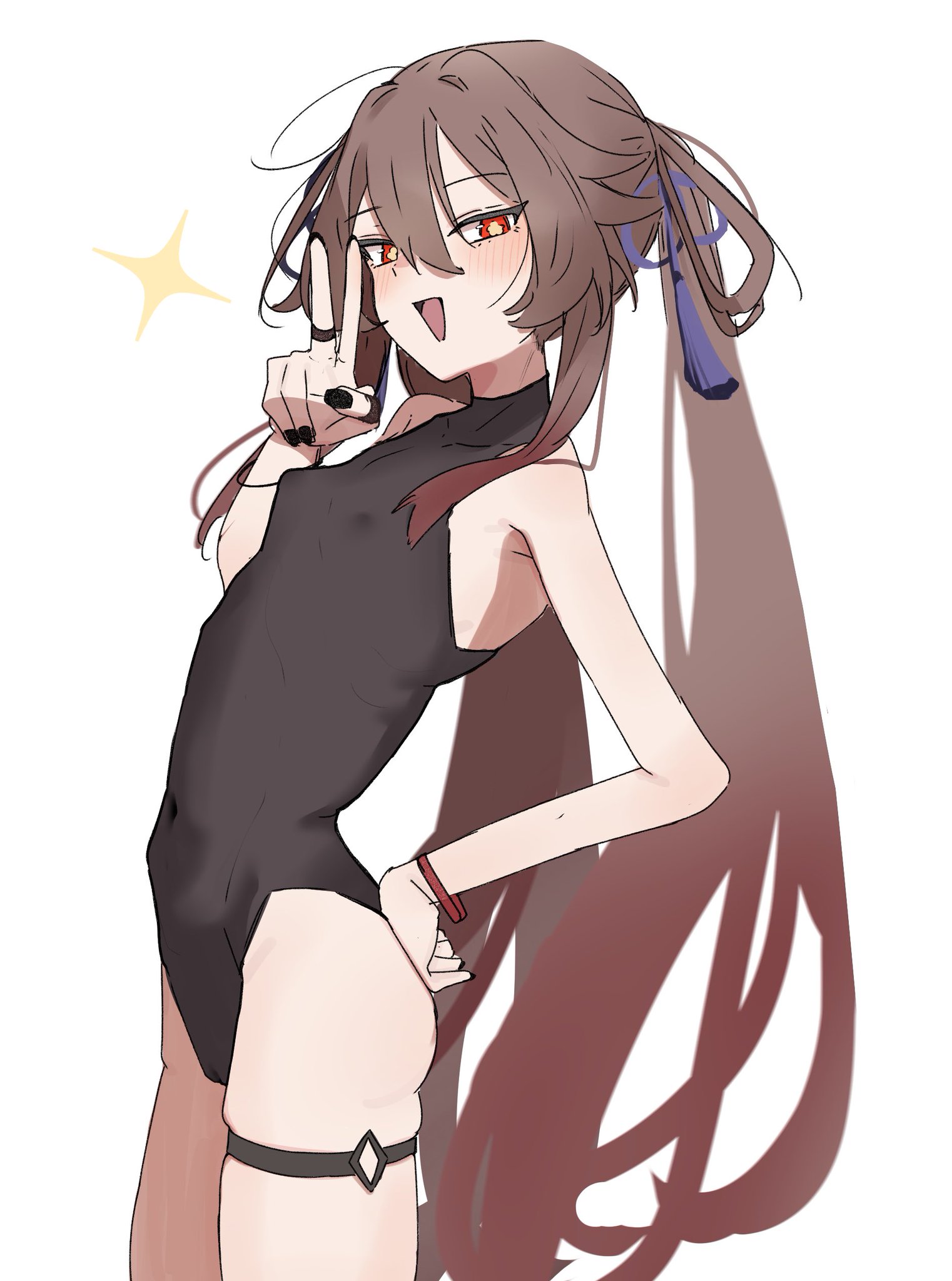 1girls, alternate costume, black nails, bodysuit, female, female focus, female only, genshin impact, hair ornament, hair ribbon, hu tao (genshin impact), k (mynameis  k), navel, nipple bulge, nipples, nipples visible through clothing, open mouth, painted nails, peace sign, small breasts, sole female, sparkles, star, thigh strap, thighs, tight clothing, transparent clothing, twintails, two-tone hair, v, white background