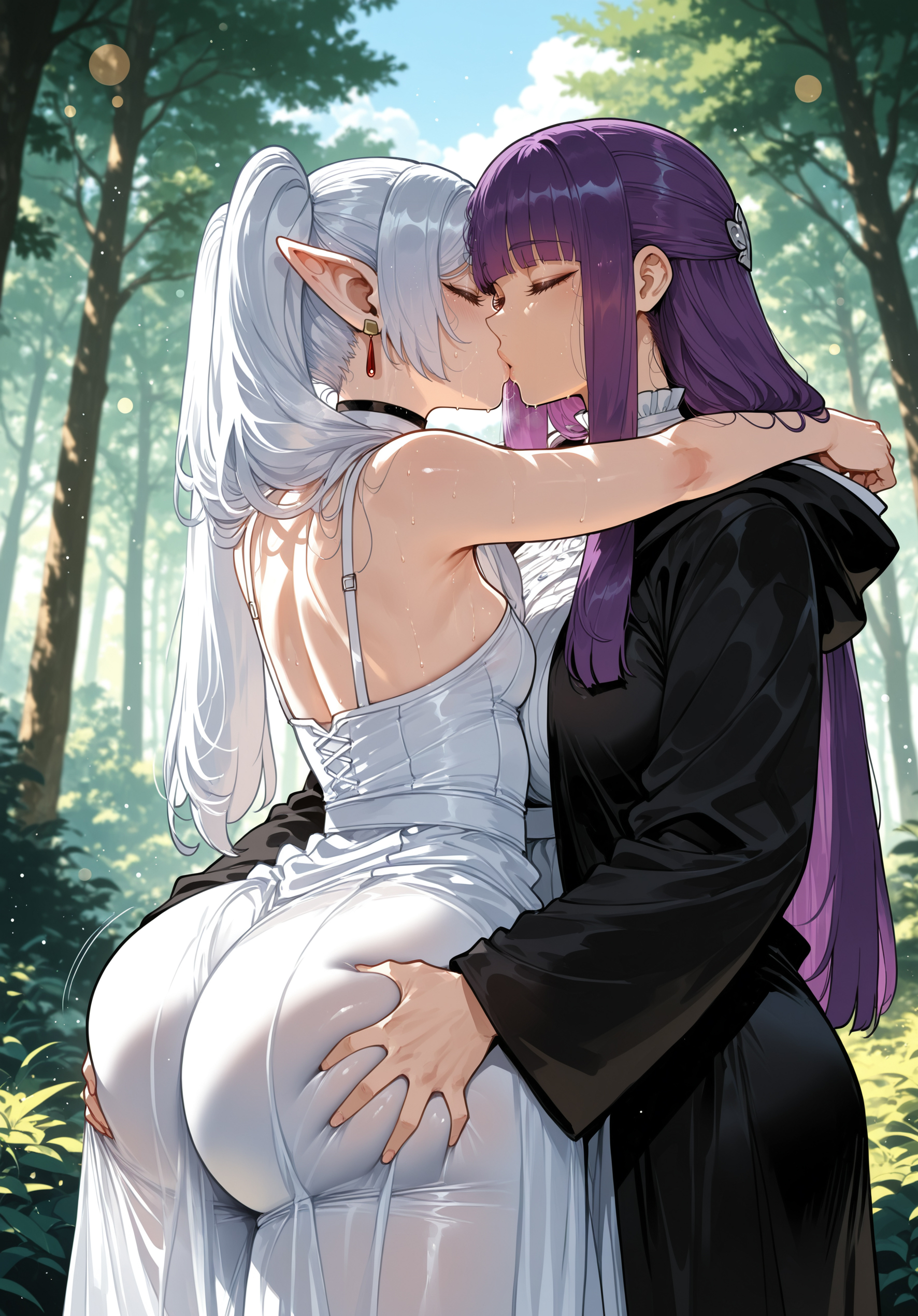 2girls, ai generated, ass, ass focus, ass grab, big ass, big booty, big breasts, big butt, big thighs, breasts, bubble butt, curvy, cute, dumptruck ass, elf, elf ears, enormous ass, fat ass, female, fern (sousou no frieren), frieren, frieren beyond journey's end, gigantic ass, ginormous ass, goonable, green eyes, hot, huge ass, huge booty, huge breasts, huge butt, huge thighs, humongous ass, hyper, hyper ass, kissing, mature, mature body, mature figure, mature woman, milf, miyuai, mommy, perfect ass, perfect body, perfection, purple eyes, purple hair, rare, round ass, sexy, sexy body, sexy female, small breasts, sousou no frieren, thick, thick ass, thick body, thick butt, thick legs, thick thighs, thighs, tight dress, voluptuous, voluptuous female, white dress, white hair, wide hips, yuri