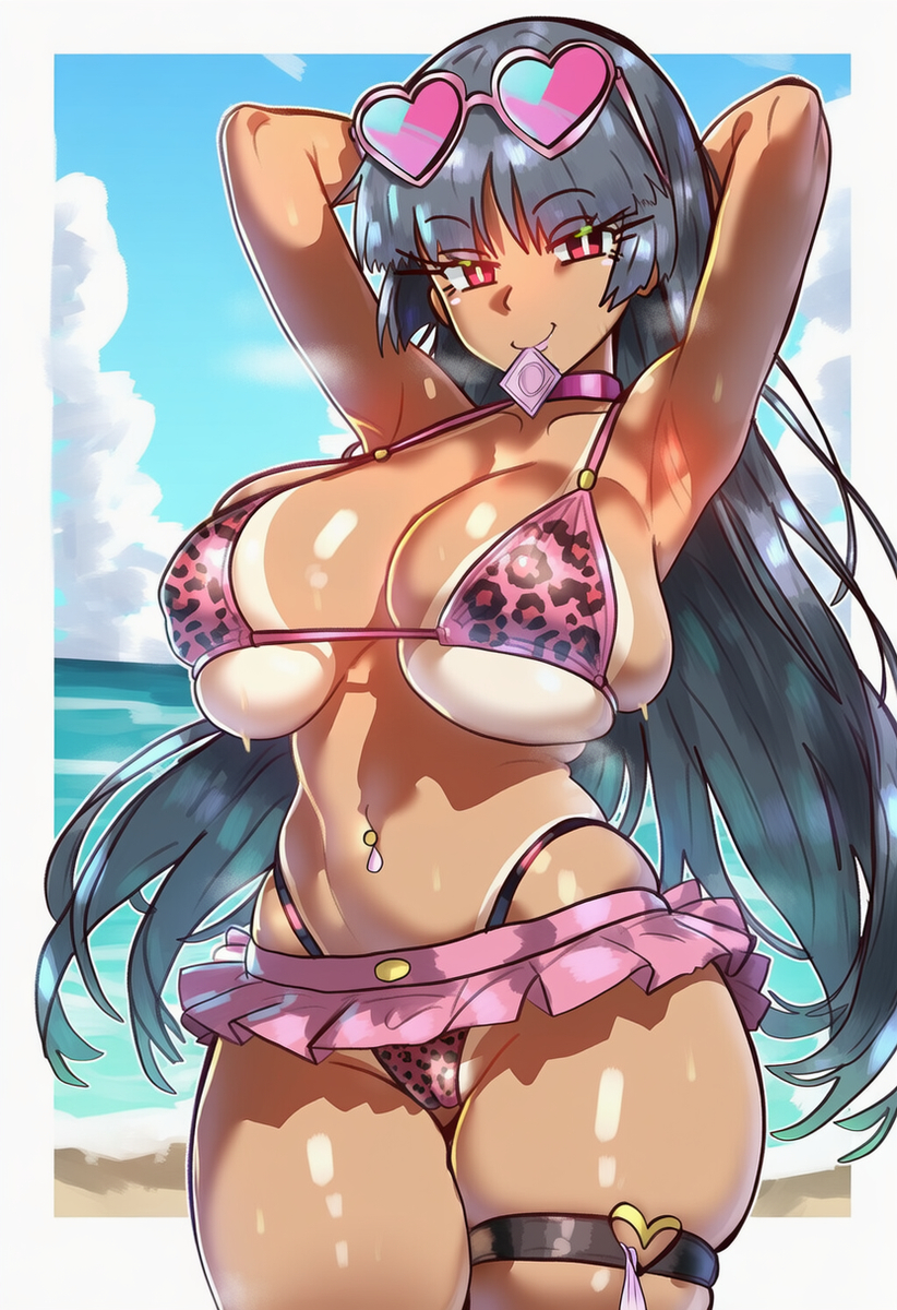 armpits, beach, condom, condom in mouth, condom wrapper, dark skin, gyaru, gyarufied, heart shaped sunglasses, large breasts, long hair, nintendo, piercing, pokemon, sabrina (pokemon), sweeetdonnut, swimsuit, tan body, tan skin