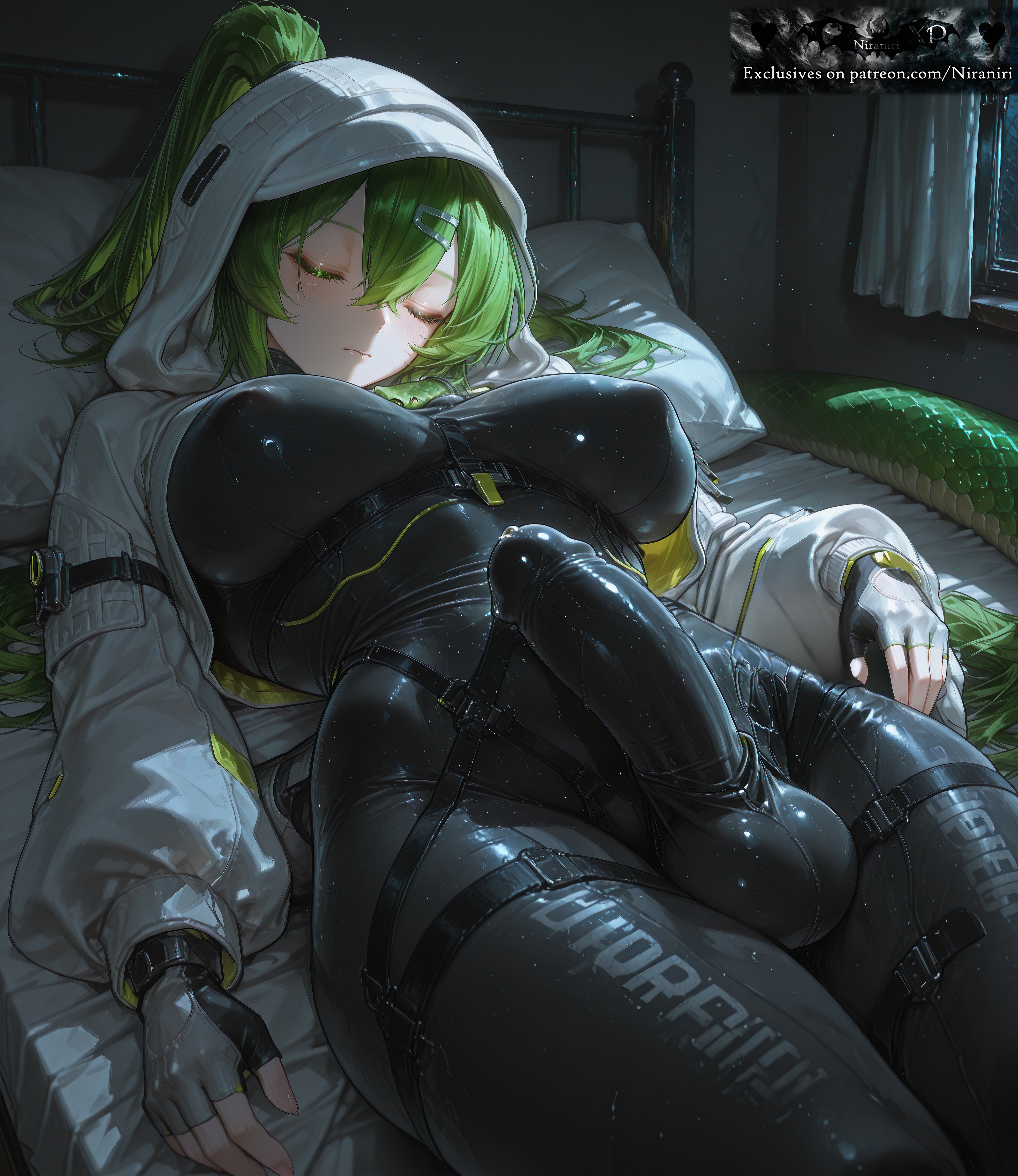 absurd res, absurdres, ai generated, arknights: endfield, bed, black bodysuit, black gloves, blush, bodysuit, breasts, bulge, closed eyes, closed mouth, clothing, covered nipples, covered penis, covered testicles, erection, erection under clothes, female, fingerless gloves, fluorite (arknights: endfield), futanari, gloves, green hair, green tail, hair between eyes, hair ornament, hairclip, hood, hood up, hooded jacket, impossible bodysuit, impossible clothes, indoors, intersex, jacket, large breasts, large penis, latex, long hair, long sleeves, lying, niraniri, on back, on bed, open jacket, pillow, ponytail, precum, puffy sleeves, skin tight, sleeping, snake tail, solo, tail, testicles, white jacket