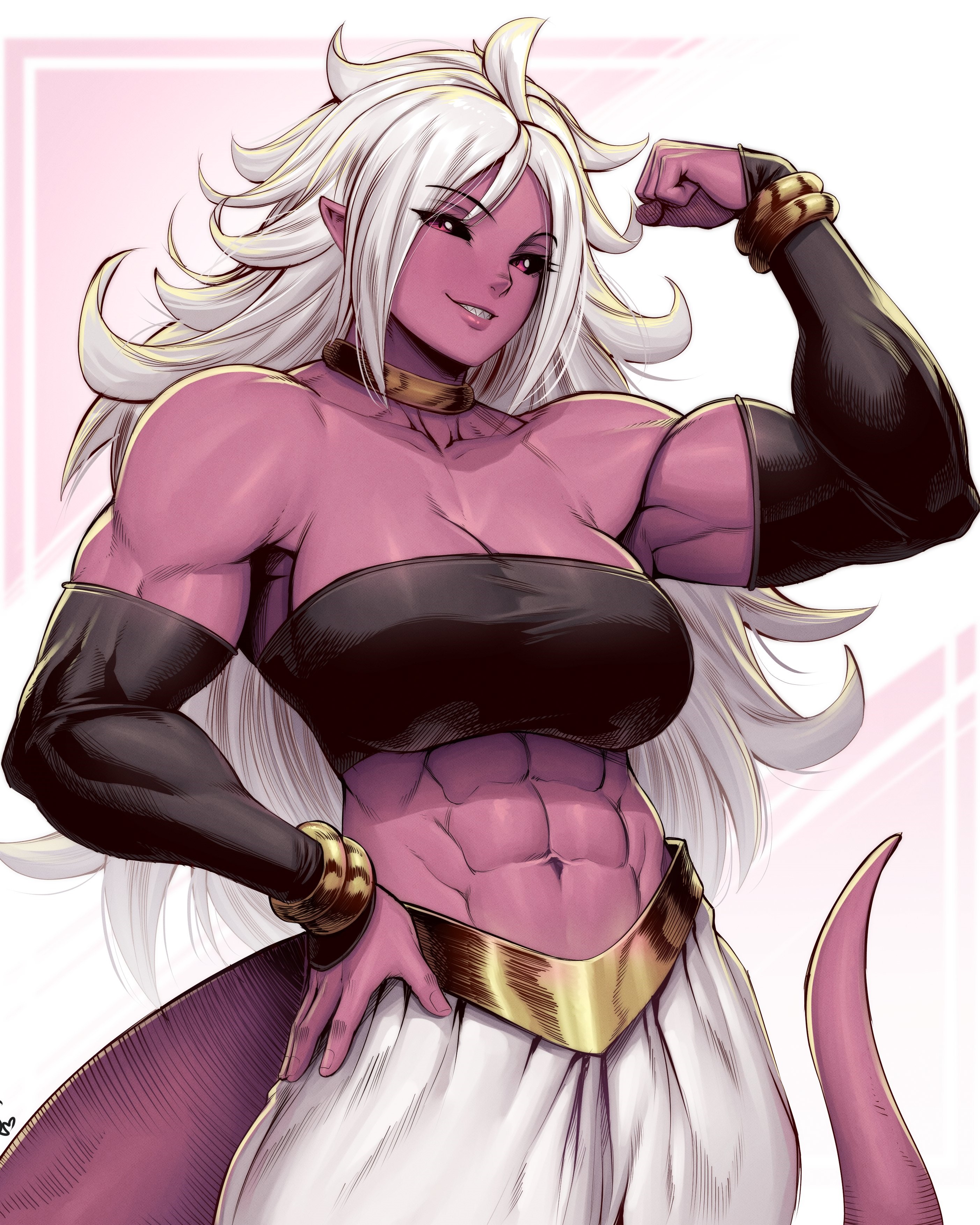 abs, android 21, android 21 (evil), bigger female, dragon ball, female, majin android 21, masculine female, milf, mommy, muscle mommy, muscular female, pink skin, speedl00ver, white hair