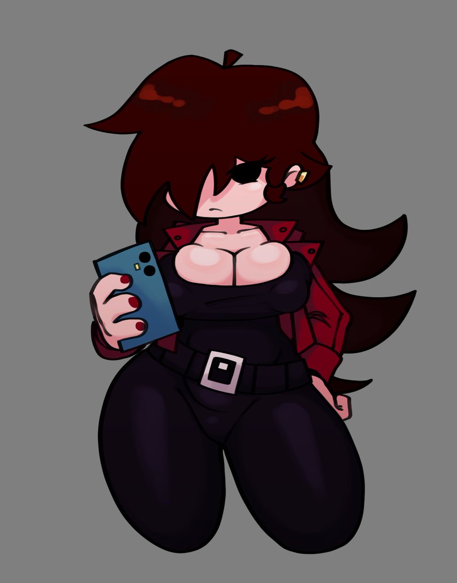 bcausart, big breasts, bored, bored expression, breasts focus, cleavage, cleavage cutout, clothing, friday night funkin, friday night funkin mod, friday night trepidation, girlfriend (friday night funkin), hair over one eye, hourglass figure, hourglass figured female, hyper breasts, large breasts, long hair, messing, part 1, phone, thick thighs, thighhighs, thighs, trepidation gf (friday night funkin), using phone