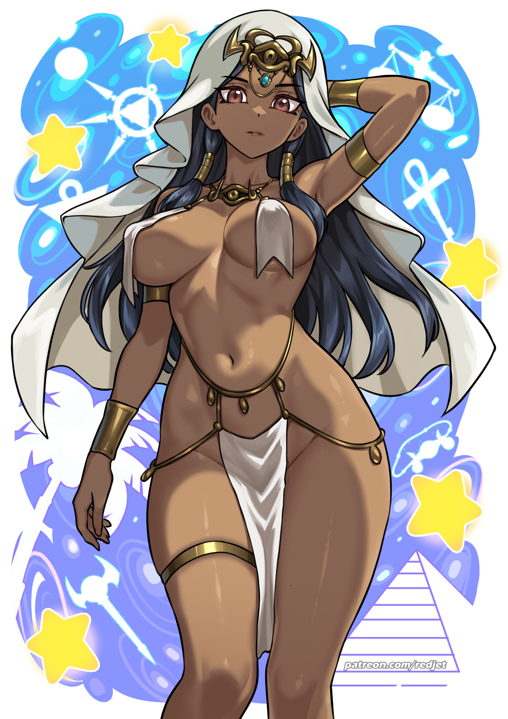1girls, accessory, armpits, black hair, bracelet, brown eyes, closed mouth, collar, curvy, dancer, dancer outfit, dark skin, dark-skinned female, diadem, egyptian, egyptian female, female, female only, gold jewelry, hips, isis ishtar, loincloth, looking at viewer, low-angle view, mature female, navel, one arm up, pose, redjet, sideboob, solo, standing, thighhighs, thighs, tiara, veil, younger female, yu-gi-oh!, yu-gi-oh! duel monsters