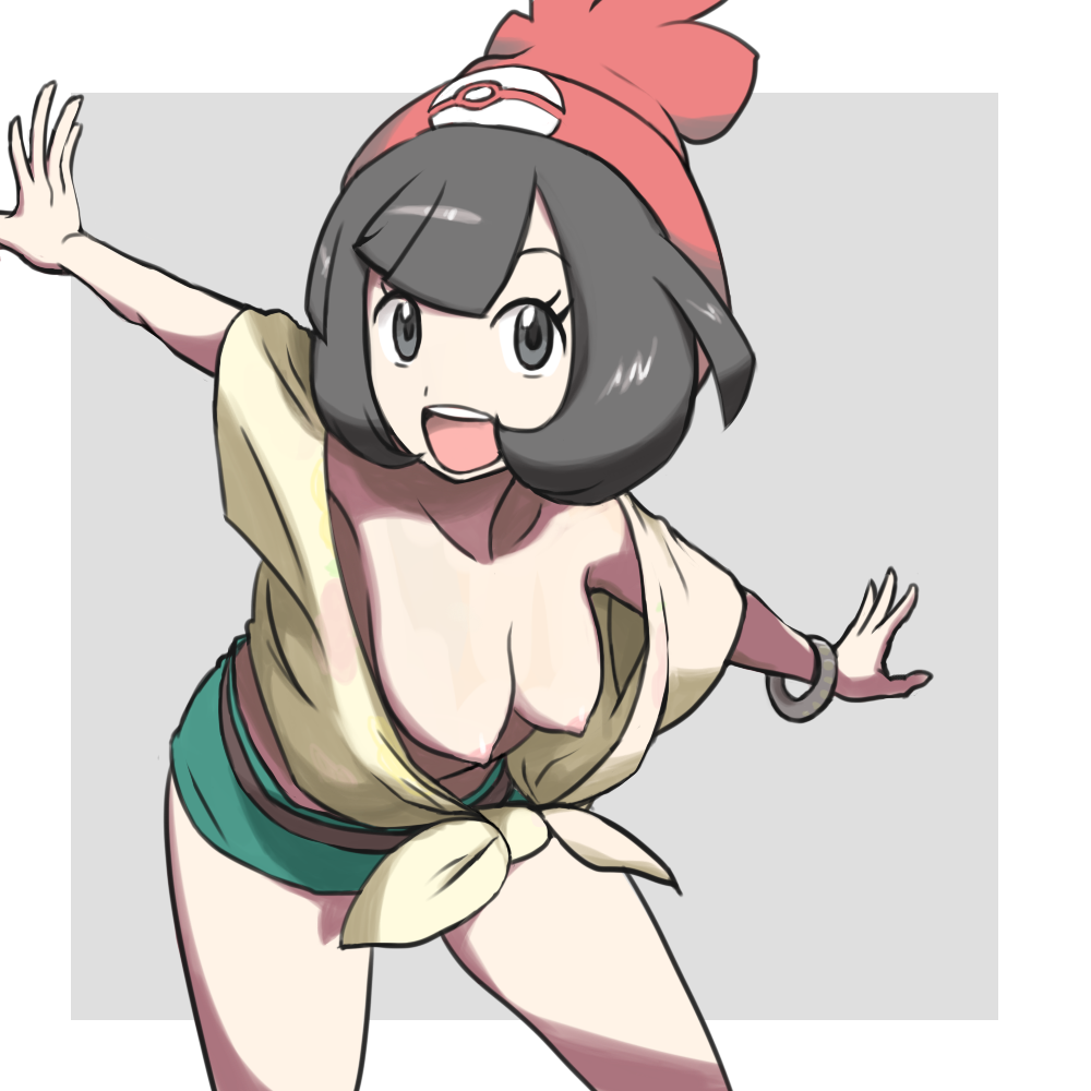 1girl breasts brown_hair bule cap downblouse female hair hanging_breasts hat headgear human human_only large_breasts looking_at_viewer nipples no_bra open_mouth pokemon pokemon_sm selene_(pokemon) smile solo standing