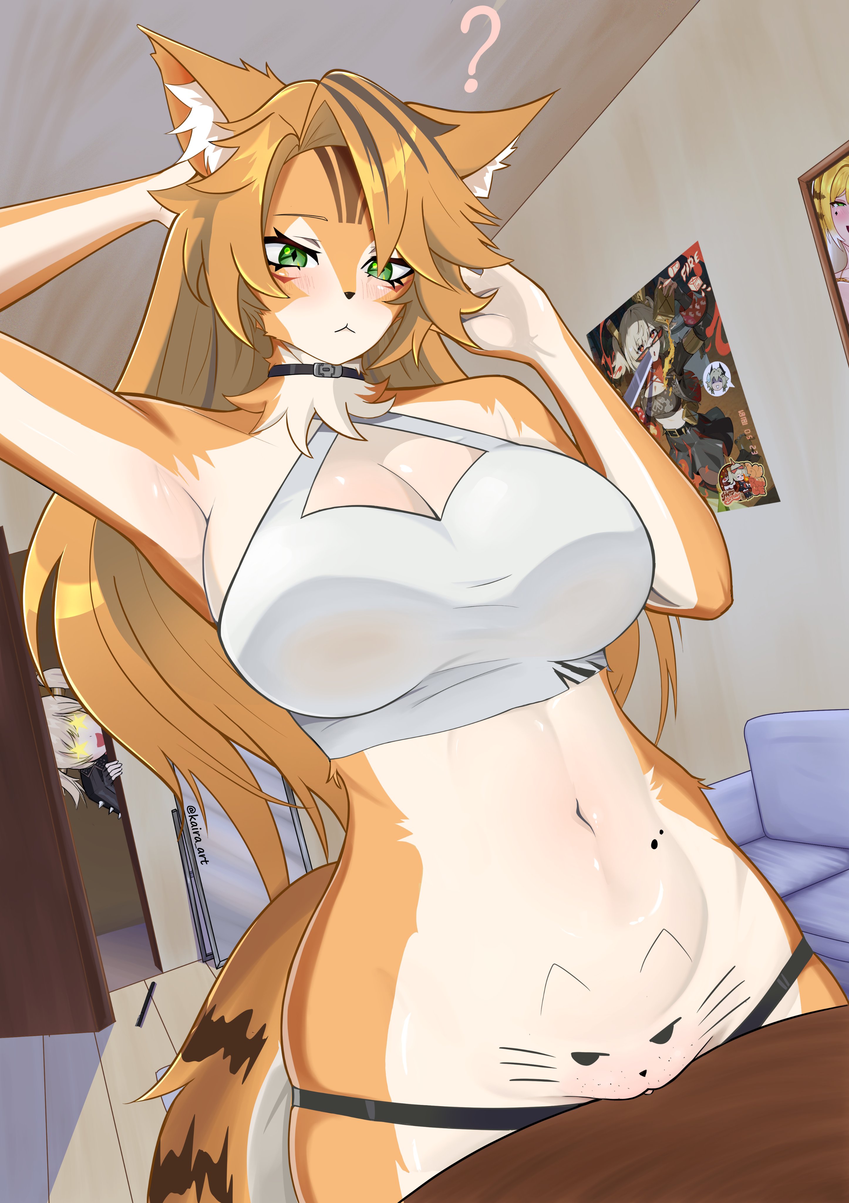?, 2girls, animal ears, belly button, blush, breasts, burnice white, do you want to pet my cat (meme), female, female only, fur, furry, green eyes, hoyoverse, huge breasts, indoors, kaira art, light skin, light-skinned female, meme, mihoyo, posters, pulchra fellini, question mark, room, solo focus, star-shaped pupils, symbol-shaped pupils, tail, thiren, zenless zone zero