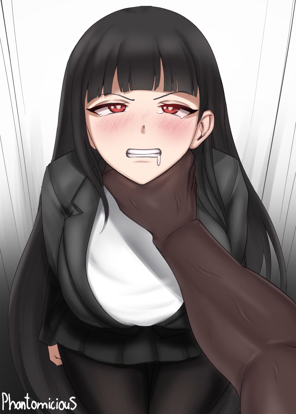 1boy, 1girls, artist name, black hair, blue archive, blush, breasts, choker, clenched teeth, clothed female, clothed female nude male, clothing, crying, crying with eyes open, dark skin, dark-skinned male, dubious consent, femsub, huge breasts, indoors, interracial, light skin, light-skinned female, male pov, maledom, millennium science school student, neck grab, phantomicious, pov, questionable consent, red eyes, rio (blue archive), seminar (blue archive), submissive female