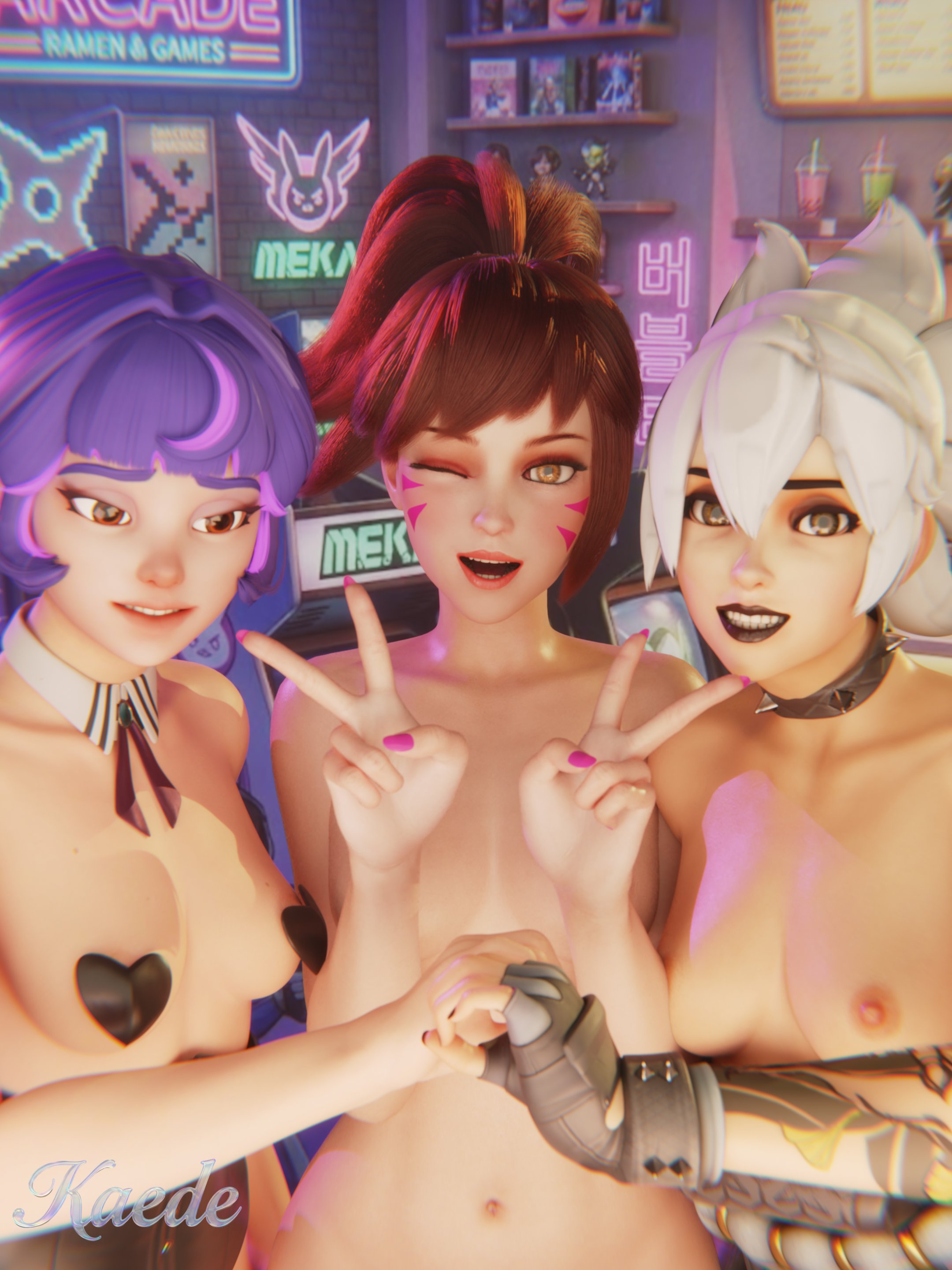 3d, 3girls, d.va, hana song, juno (overwatch), kaede kun, kiriko (overwatch), kiriko kamori, nude female, overwatch, teo minh