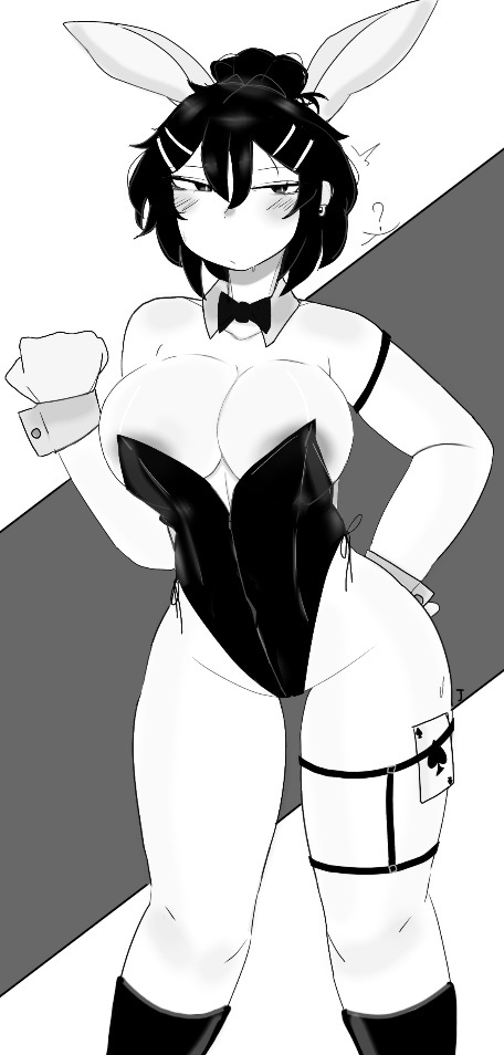 1girls, areola slip, areolae, black and white, breasts, bunny ears, bunnysuit, cleavage, female, female only, jamyun77, leotard, medium breasts, roblox, roblox avatar, robloxian, solo, standing, tagme, thighs