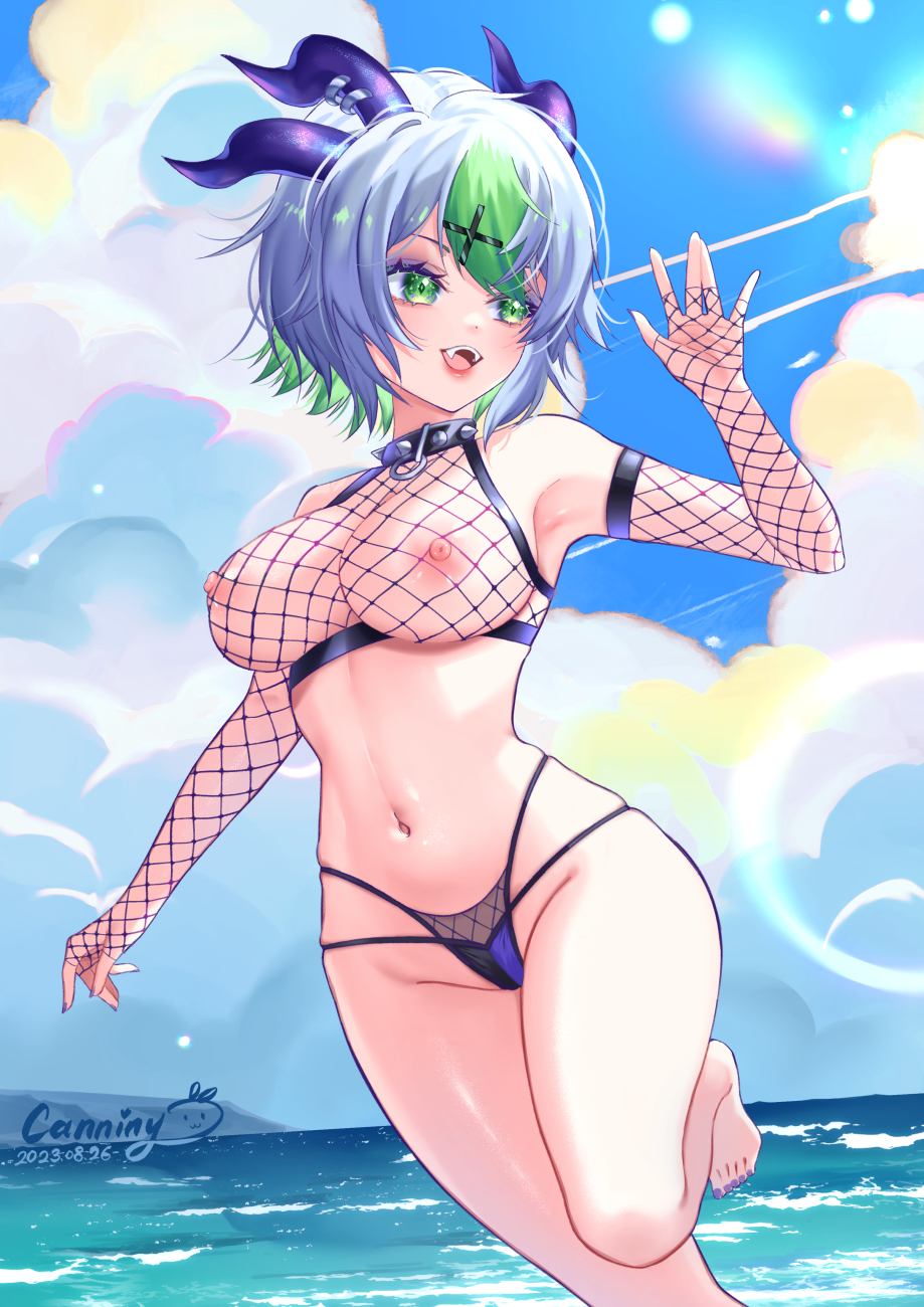 1girls, 2023, armpit, armpits, artist logo, artist name, bare shoulders, barefoot, beach, big breasts, bikini, bikini bottom, blush, breasts, canniny, collar, detached sleeves, dutch angle, erect nipples, fangs, feet, female, female only, fishnet armwear, fishnet clothing, fishnet topwear, fishnets, froot, green eyes, green hair, grey hair, hairclip, happy, hips, horn piercing, horns, indie virtual youtuber, large breasts, leg up, looking away, midriff, multicolored hair, nail polish, navel, nipples, open mouth, outdoors, painted toenails, pale skin, pale-skinned female, petite, petite body, petite female, purple toenails, scantily clad, sea, seaside, short hair, sky, slim waist, smile, solo, spiked collar, stomach, thick thighs, thighs, thong, tongue, tummy, virtual youtuber, vtuber, waist, wide hips, wings