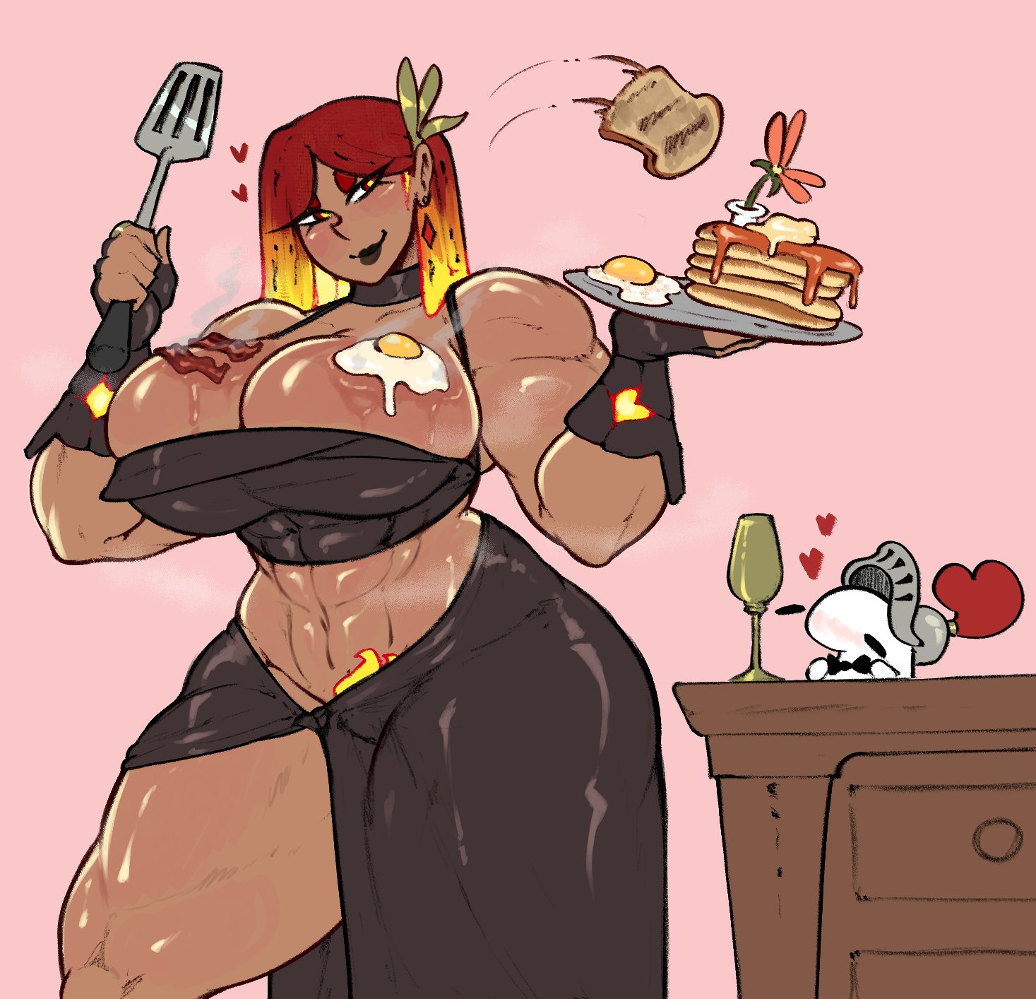 1boy, 1girls, abs, bacon, black lipstick, black makeup, black skirt, bracers, colored pubic hair, cooking, dark skin, eggs, eljarochofeliz, flower, food, food play, glistening, heart, huge breasts, huge thighs, multicolored hair, muscular arms, muscular female, muscular thighs, pancake, puppet (eljarochofeliz), red hair, sweaty, tight clothing, titania (eljarochofeliz), toast, valentine's day