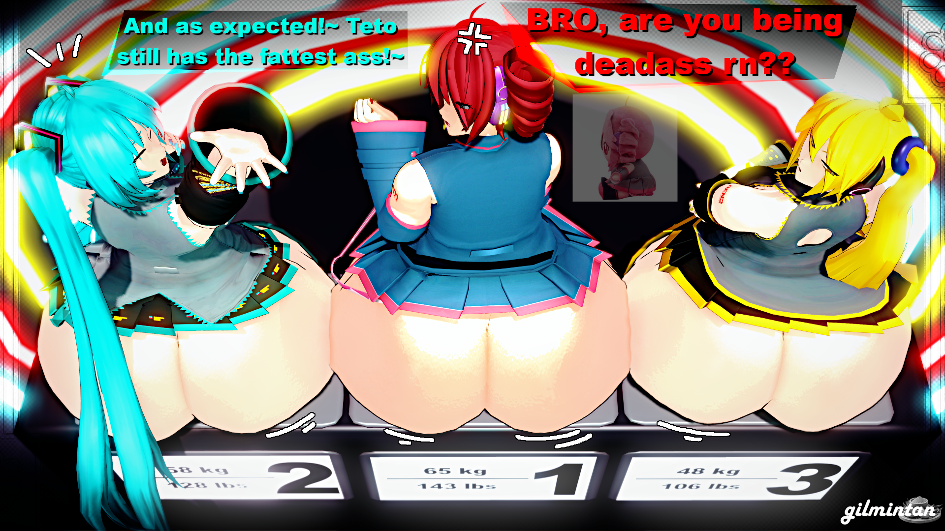 3d, 3d (artwork), 3girls, akita neru, anger vein, angry, aqua hair, ass, ass bigger than head, ass bigger than torso, ass size talk, big ass, blonde hair, blue hair, bottom heavy, bubble butt, closed eyes, crossover, detached sleeves, dialogue, drill hair, english text, fat ass, fatass teto, female, female only, from above, gigantic ass, gilmintan, hatsune miku, headset, huge ass, hyper, hyper ass, kasane teto, large ass, long hair, massive ass, measurements, measuring, multiple girls, no panties, png, red hair, side ponytail, sitting, size talk, skirt, super duper fucking fatass teto, super fucking fatass teto, text, thick ass, thick thighs, thighhighs, thunder thighs, triple baka (vocaloid), twin drills, twintails, utau, vocaloid, weighing scale, wide hips