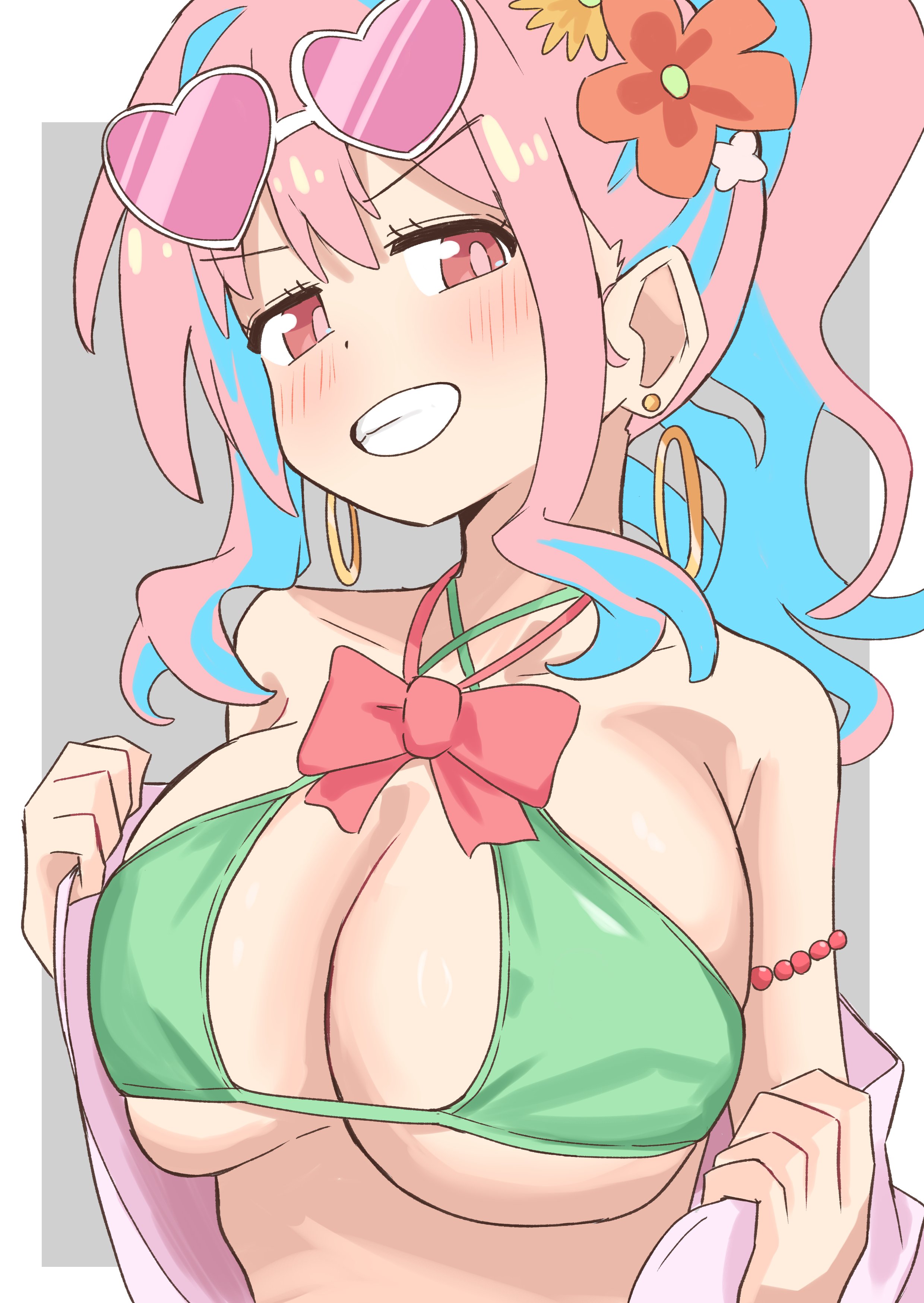 arrogant, bikini, blush, grin, hozuki kaede, huge breasts, onii-chan wa oshimai!, open shirt, removing clothing, school uniform, smile, smug, upper body