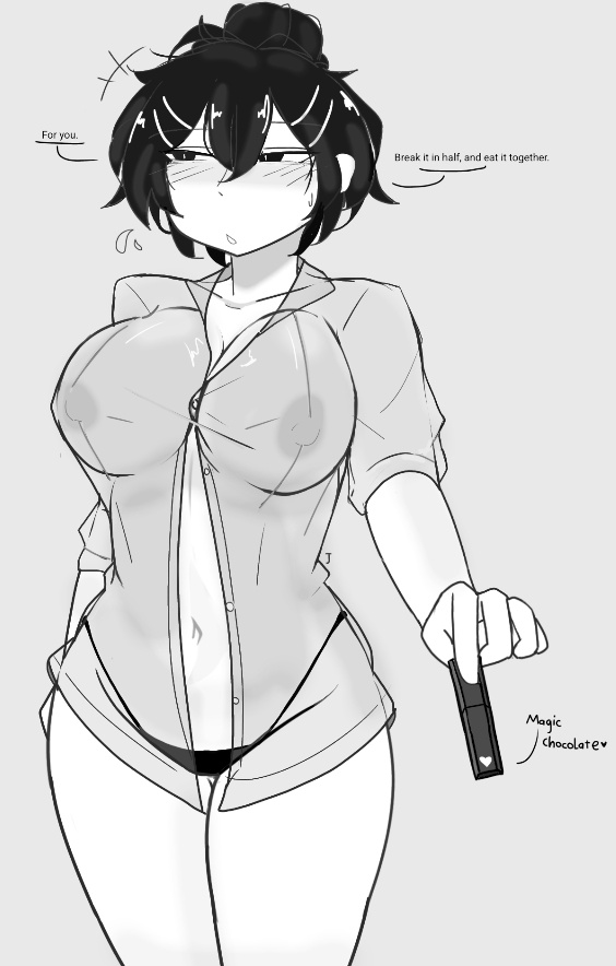 1girls, areolae, areolae visible through clothing, breasts, chocolate, cleavage, clothing, dialogue, english text, female, female only, greyscale, jamyun77, no pants, panties, roblox, roblox avatar, robloxian, solo, standing, stomach, tagme, text, thighs