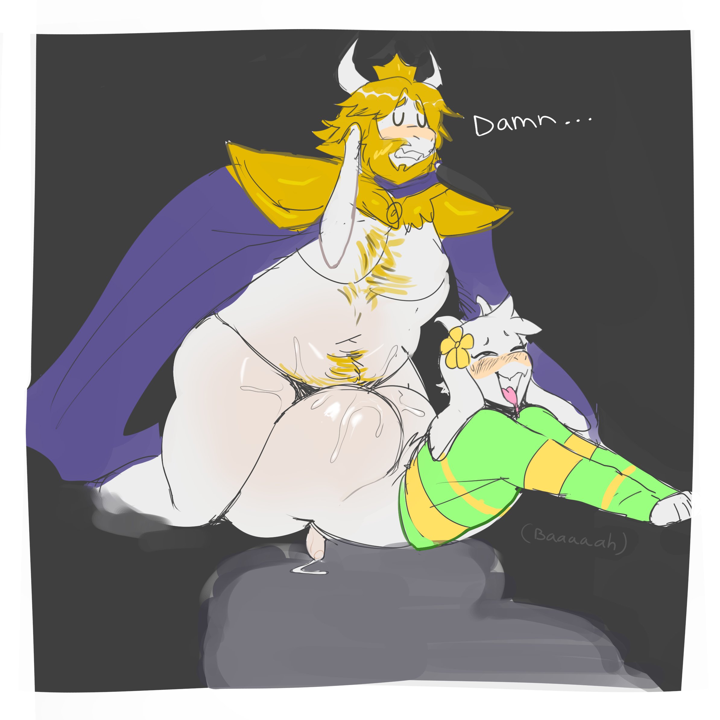ahe gao, ahegao, anal, anal sex, asgore dreemurr, asriel, asriel dreemurr, ass, big ass, blonde hair, blush, bottom heavy, bottom heavy femboy, colored, crown, cumming from anal sex, fangs, fat ass, fat male, father, father and child, father and son, femboy, flower, flower in hair, gay, green shirt, hairy, hairy chest, hairy male, horns, incest, incestuous, male only, paulpla, penis, precum, pubes, pubic hair, related, sex, sex from behind, small penis, son, tongue, tongue out, undertale, undertale (series), white body, white fur, yaoi