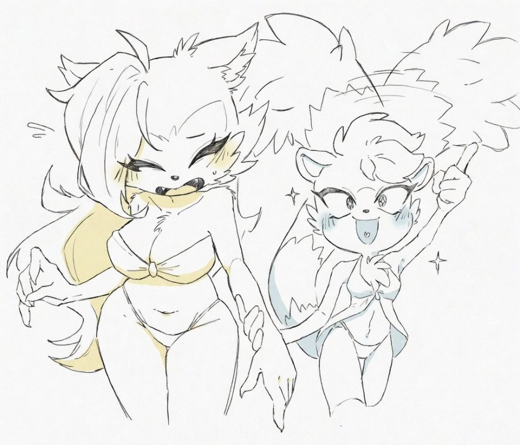 :d, 2girls, artist request, big breasts, bikini, blush, breast size difference, canid, chubby, fangs, flustered, huge tail, idw publishing, long tail, navel, sega, small breasts, sonic (series), sonic the hedgehog (comics), sonic the hedgehog (idw), sonic the hedgehog (series), sparkles, sparkling eyes, stars in eyes, strepsirrhine, sundress, sweatdrop, tagme, tailwag, tangle the lemur, tomboy, whisper the wolf, white background, wide hips, wolf, wolf girl