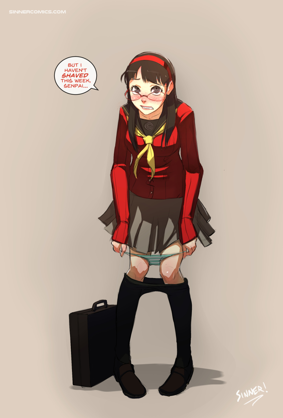 1girls, amagi yukiko, english text, facing viewer, female, full body, grey background, looking at viewer, persona, persona 4, pigeon-toed, sillygirl, simple background, solo, speech bubble, standing, straight-on, tagme, undressing, undressing self