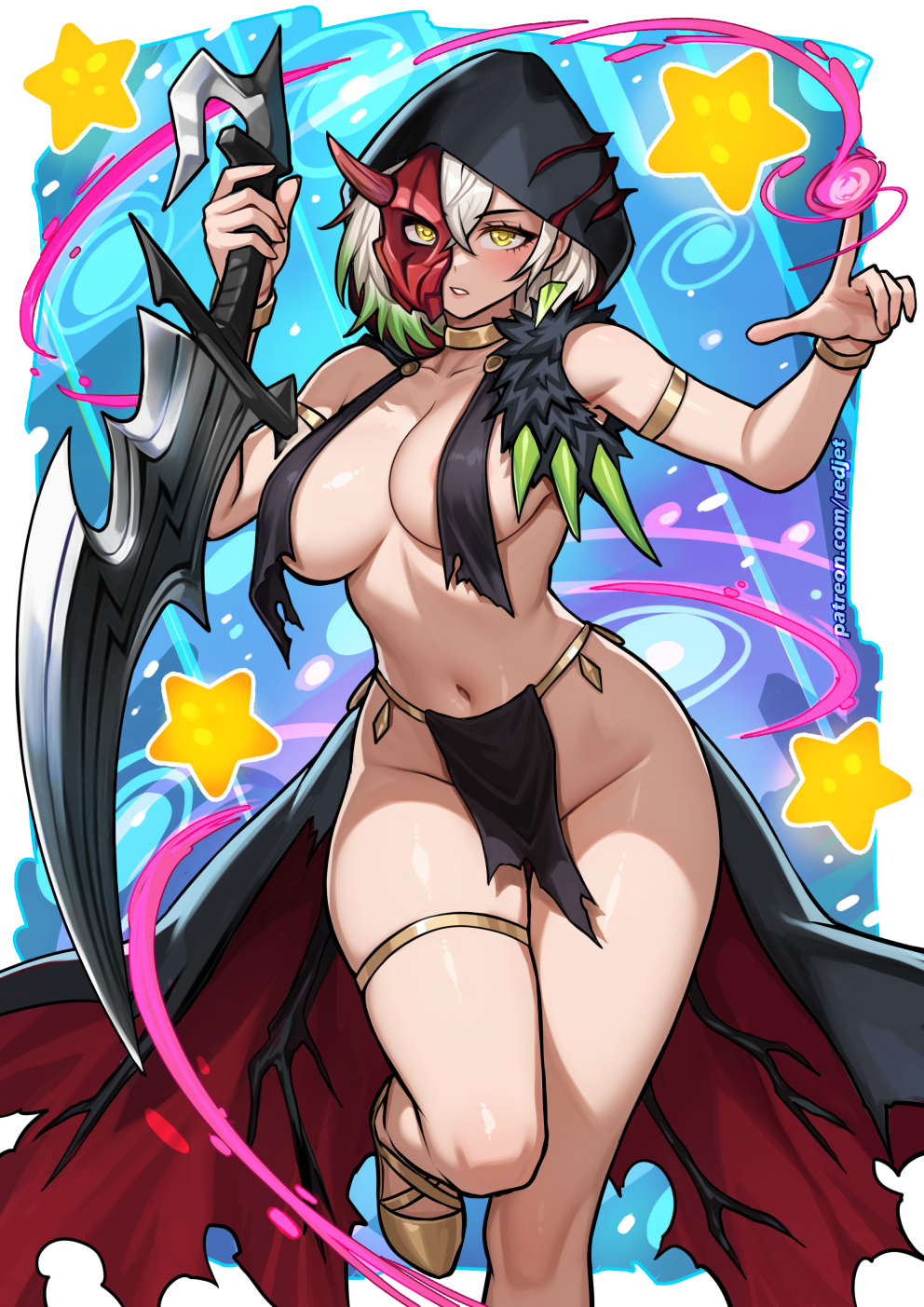 blush, breasts, collar, dagger, dancer, dancer outfit, diabellstar the black witch, duel monster, earrings, female, female only, gothic, green hair, hi res, hoodie, huntress, jewelry, konami, loincloth, looking at viewer, magic, mask, multicolored hair, navel, one leg raised, pose, redjet, semi nude, short hair, sideboob, solo, standing, sword, thighhighs, thighs, torn clothes, torn clothing, torn dress, torn hoodie, weapon, white hair, yellow eyes, younger female, yu-gi-oh!