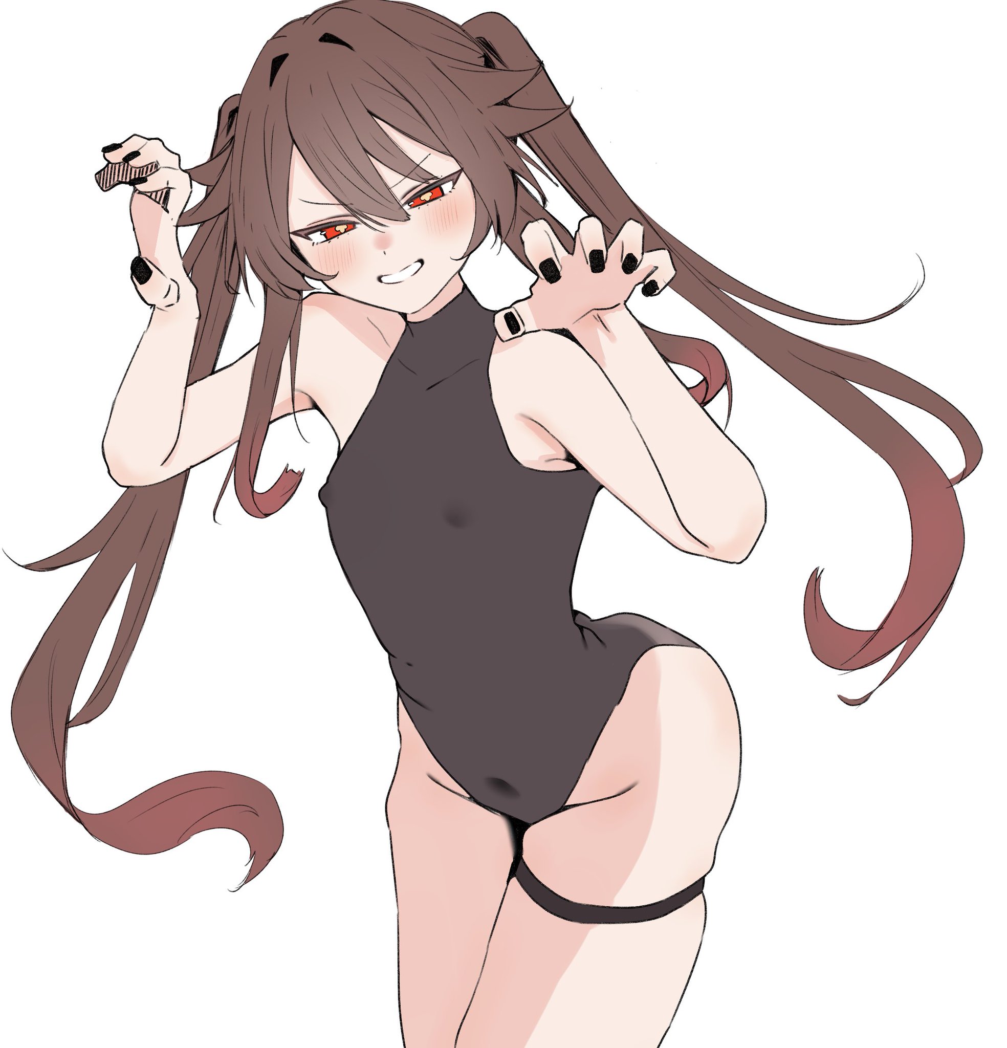 1girls, alternate costume, black nails, claw pose, genshin impact, hu tao (genshin impact), k (mynameis  k), navel, nipple bulge, nipples, nipples visible through clothing, painted nails, red eyes, sole female, thigh strap, thighs, tight clothing, transparent clothing, twintails, two-tone hair, white background