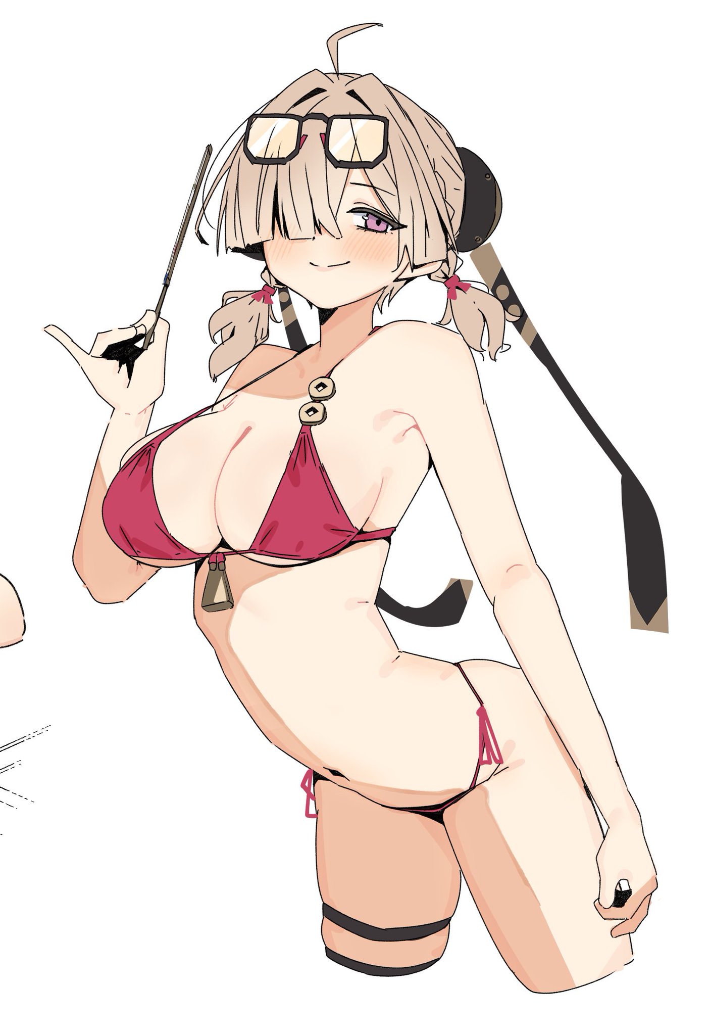 1girls, arched back, bikini, blush, glasses, glasses on head, hair covering eye, hair ornament, hair over one eye, k (mynameis  k), looking at viewer, navel, npc (zenless zone zero), pinky out, pointer, purple eyes, sole female, solo, standing, stick, sweety (zenless zone zero), thigh strap, thighs, zenless zone zero