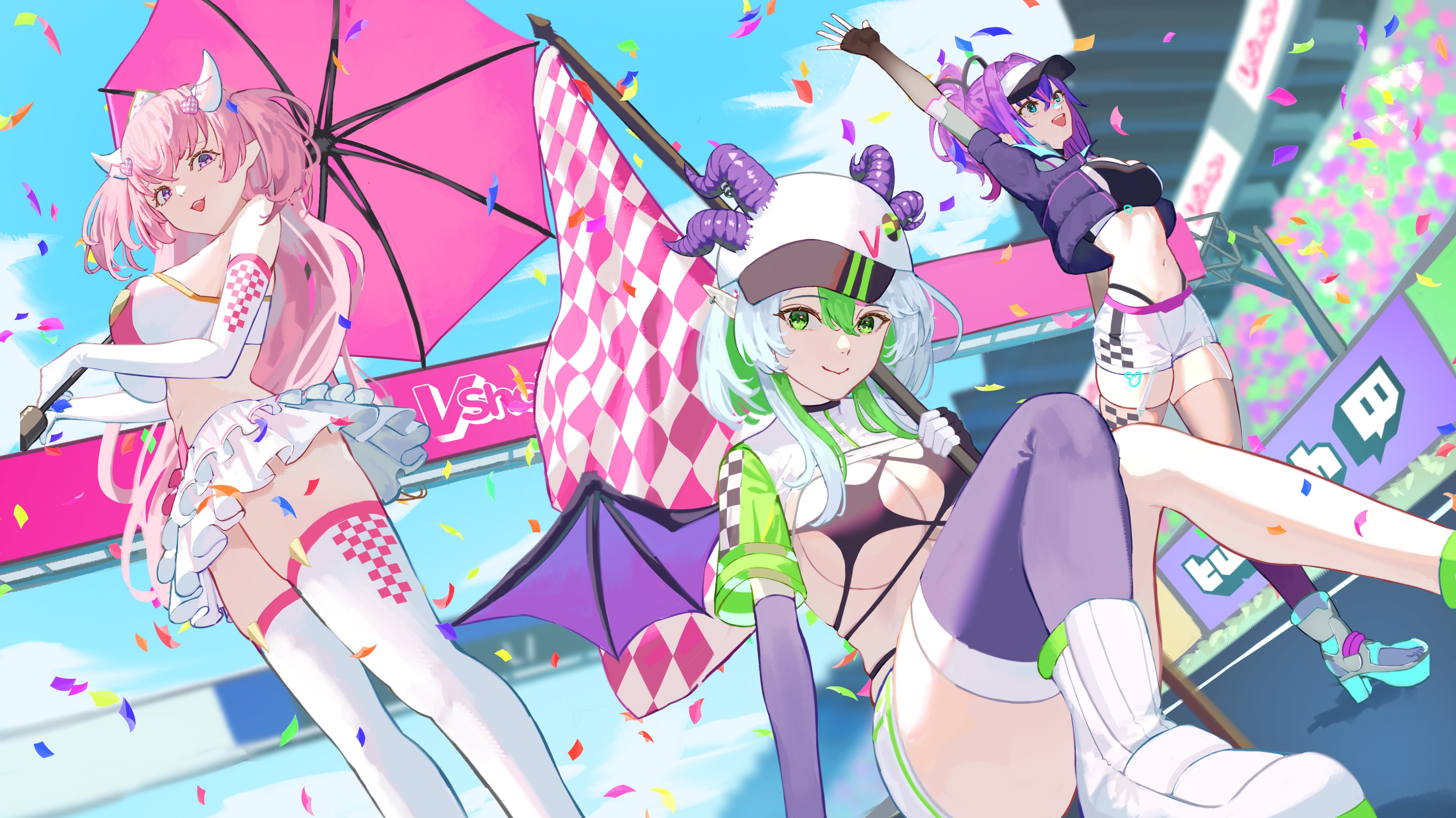 3girls, absurd res, absurdres, arm up, audience, bare shoulders, belly button, big breasts, bikini, bikini bottom, bikini top, blue eyes, blue hair, breasts, breasts squeezed together, cap, cheering, cleavage, confetti, crop top, day, demon horns, dutch angle, ear piercing, elbow gloves, female, female only, fingerless gloves, fit, fit female, flag, frilled skirt, frills, froot, gloves, green eyes, green hair, grey hair, hair ornament, heart hair ornament, heel boots, heels, high heel boots, high heels, high resolution, highres, holding flag, holding object, holding umbrella, horn piercing, horns, horns through headwear, huge breasts, indie virtual youtuber, ironmouse, ironmouse (racing princess), jacket, large breasts, long hair, looking at viewer, looking away, melody (projektmelody), midriff, miniskirt, mozzu123, multicolored hair, multiple girls, navel, oerba yun fang, on back, on ground, on road, open mouth, outdoors, pale skin, pale-skinned female, petite, petite body, petite female, piercing, pink hair, pointy ears, ponytail, projektmelody, purple eyes, purple hair, race queen, racetrack, road, short hair, short sleeves, shorts, sideboob, sidelocks, sitting, sitting on ground, skirt, sky, slim waist, smile, sneakers, standing, stomach, strapless, straps, streaked hair, sun visor, swimsuit, teeth, thick, thick legs, thick thighs, thigh squish, thighhighs, thighs, thong, thong straps, tummy, twintails, two side up, two-tone hair, umbrella, underboob, very long hair, virtual youtuber, visor, visor cap, vshojo, vtuber, wide hips, wings, wolf cut, wolfcut