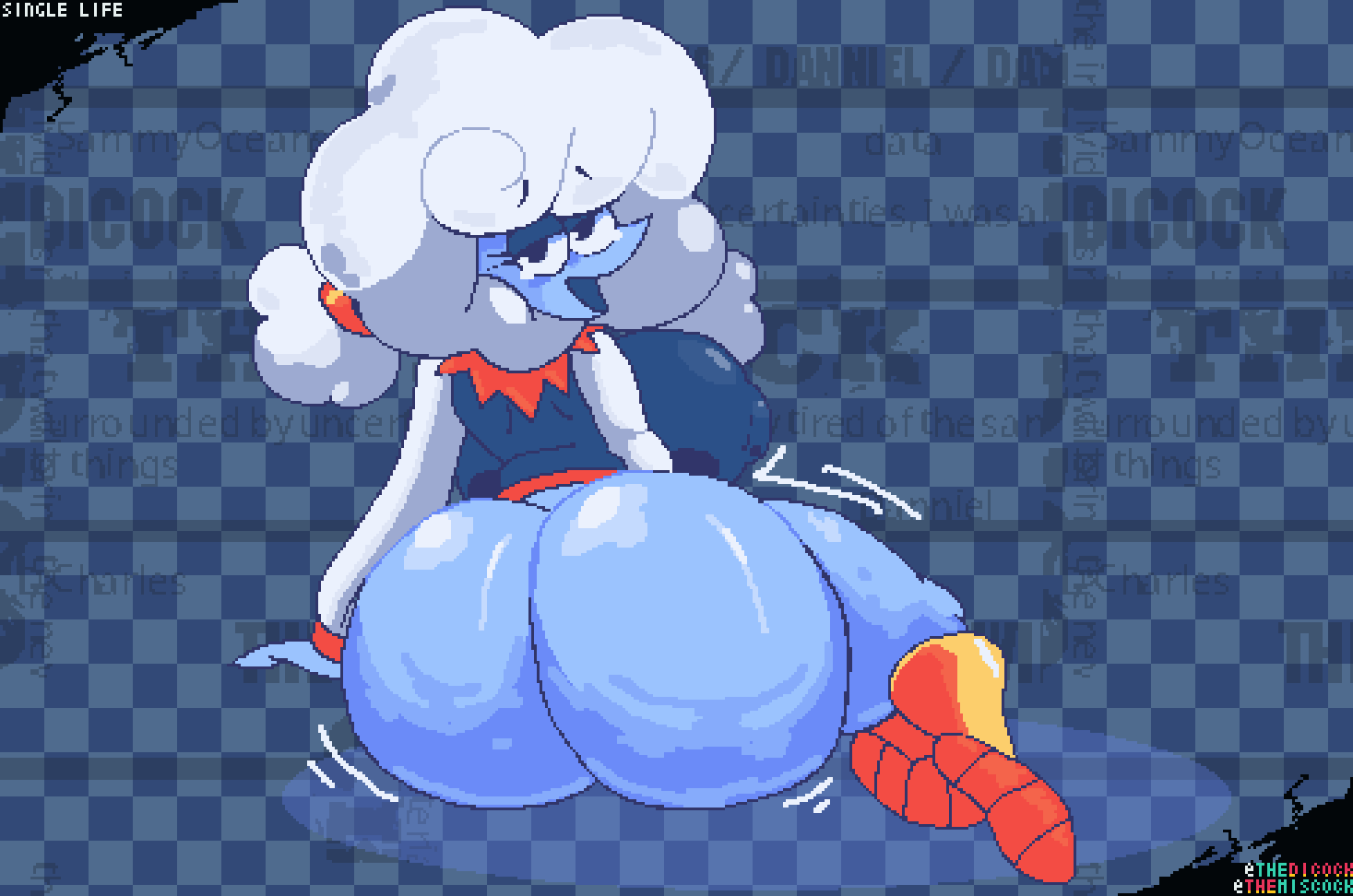 big areola, big ass, big butt, big nipples, blue ass, boots, bottomless, bottomless boots, bottomless footwear, bubble ass, bubble butt, butt crack, cellulite, deltarune, deltarune chapter 3, elnina (deltarune), erect nipples, footwear, huge breasts, minimalist background, nipple bulge, presenting, presenting ass, presenting butt, presenting hindquarters, solo, thedicock, thick thighs, twitter username