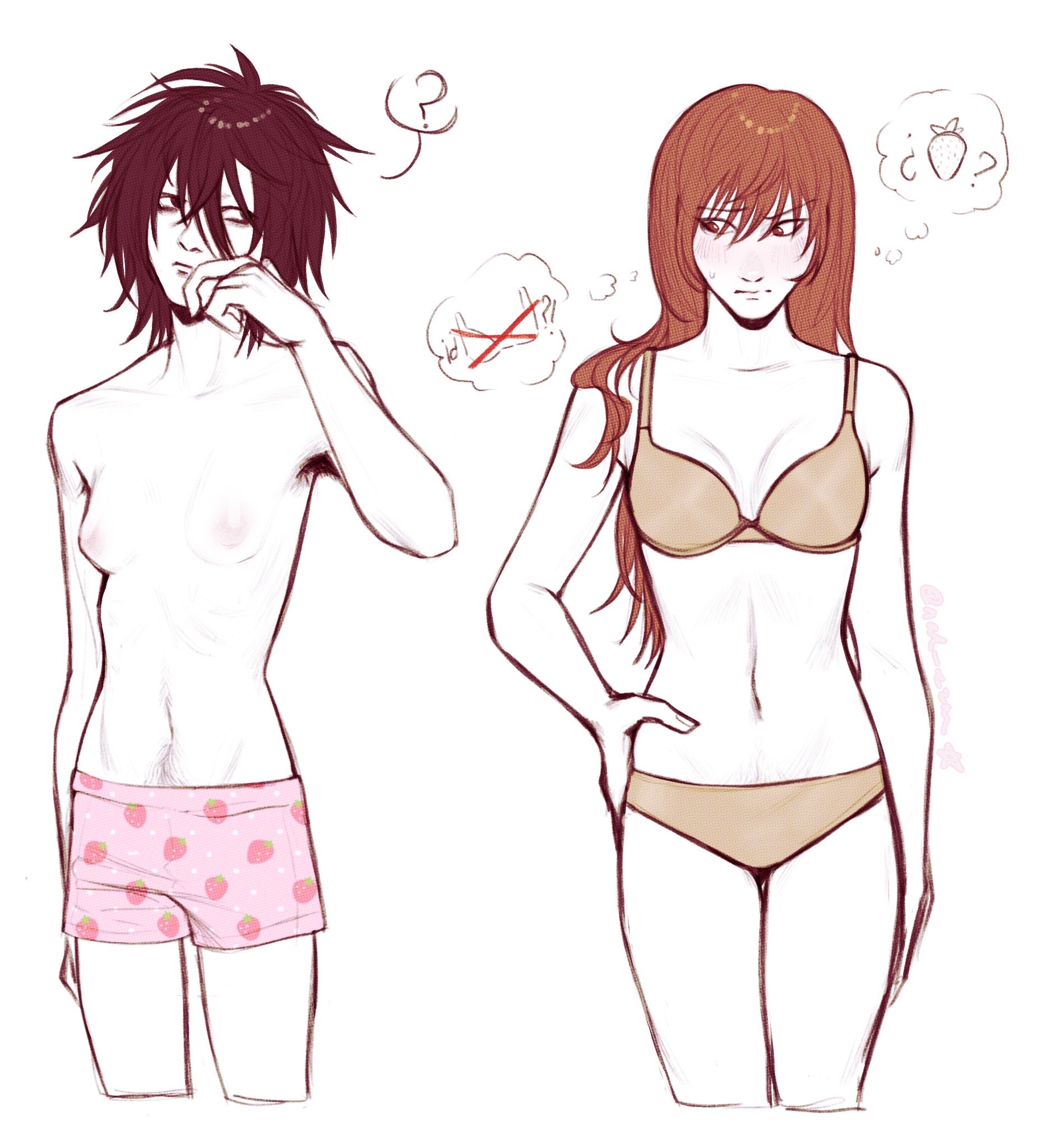 armpit hair, bra, breasts, crossgender, death note, female, female only, female/female, genderswap, genderswap (mtf), girl/girl, girls only, l (death note), l lawliet, lawlight, light yagami, mtf crossgender, strawberry panties, strawberry print, tits out, underwear, wlw, yagami light, yuri
