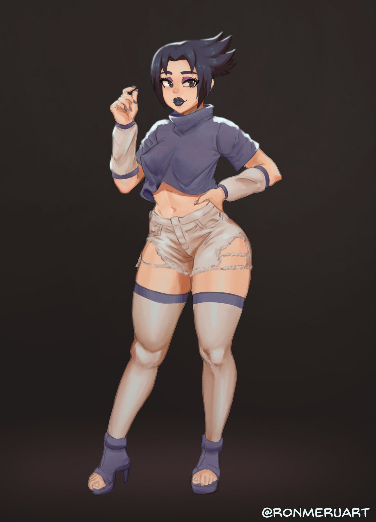 blue_lipstick blue_nails female genderswap_(mtf) hand_on_hip high_heels naruto purple_eyeshadow ronmeruart rule_63 sasuke_uchiha sasuko shorts torn_clothing