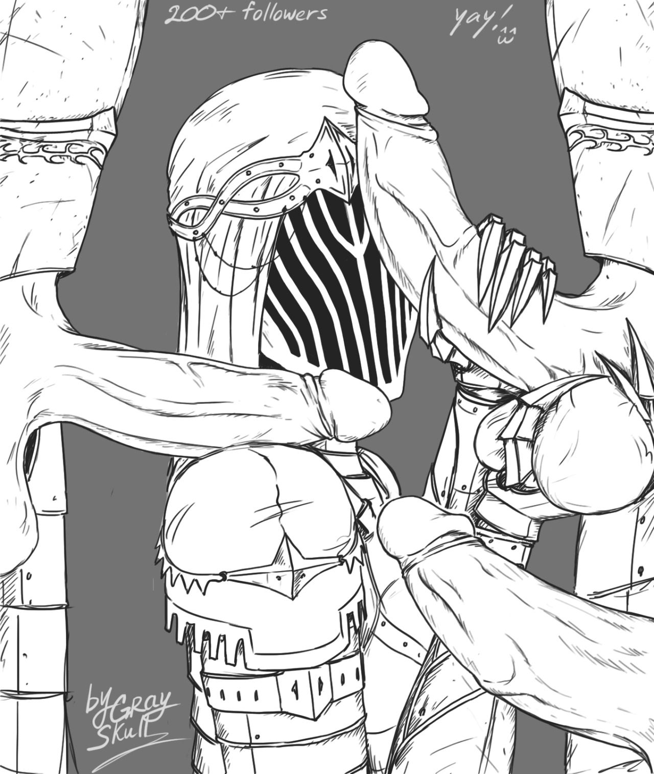 3boys, armor, balls, dancer of the boreal valley, dark souls, dark souls 3, erection, female, fromsoftware, gray skull, handjob, male, monochrome, multiple penises, penis, testicles