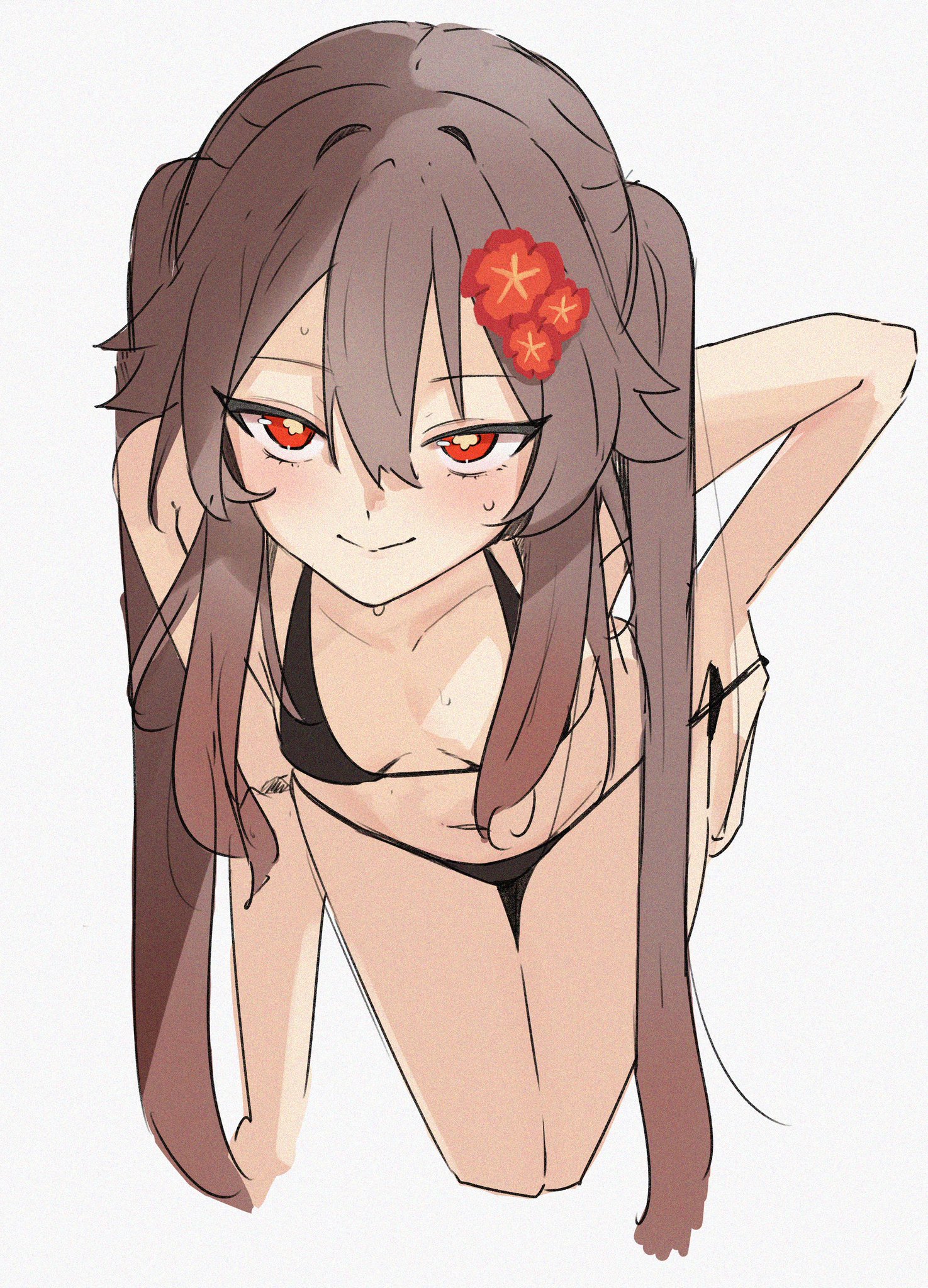1girls, bikini, black bikini, blush, flower, flower in hair, genshin impact, hand on hip, hu tao (genshin impact), k (mynameis  k), looking at viewer, pulling bikini string, pulling clothing, pulling panties, red eyes, sweat, sweatdrop, twintails, white background