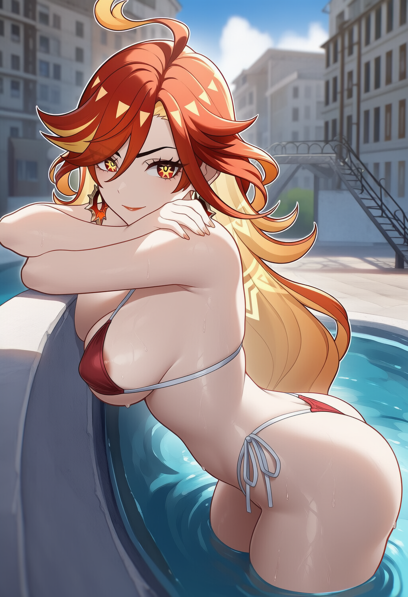 1girls, ai generated, big ass, big breasts, big butt, big nipples, big thighs, bikini, day, female, female focus, genshin impact, hoyoverse, long hair, looking at viewer, lunealter, mature, mature female, mavuika (genshin impact), mihoyo, pale skin, pale-skinned female, partially clothed, pool, red bikini, red eyes, red hair, red lipstick, sfw, thick ass, thick butt, thick hips, thick legs, thick thighs