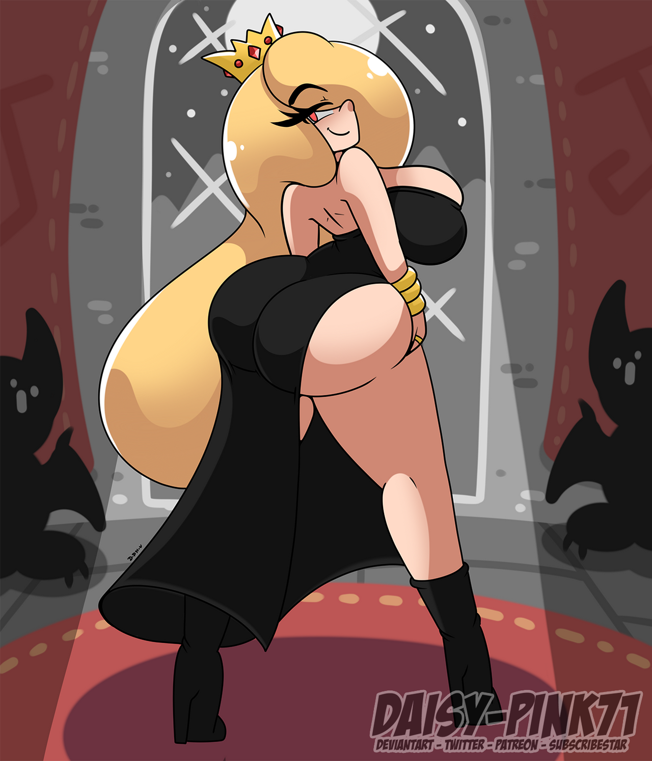 ass, ass in dress, big ass, big breasts, big butt, bimbo, black dress, blonde hair, bottomless, bottomless dress, bottomless skirt, breasts, bubble ass, bubble butt, daisy-pink71, demon, dress, evening dress, fat ass, female, gilf, gothic, high heels, huge ass, huge breasts, juliet (daisy-pink71), juliet chains, long hair, looking back, milf, original, original character, pinup, queen, red eyes, side slit, slit dress, strapless dress, succubus, tall female, teasing
