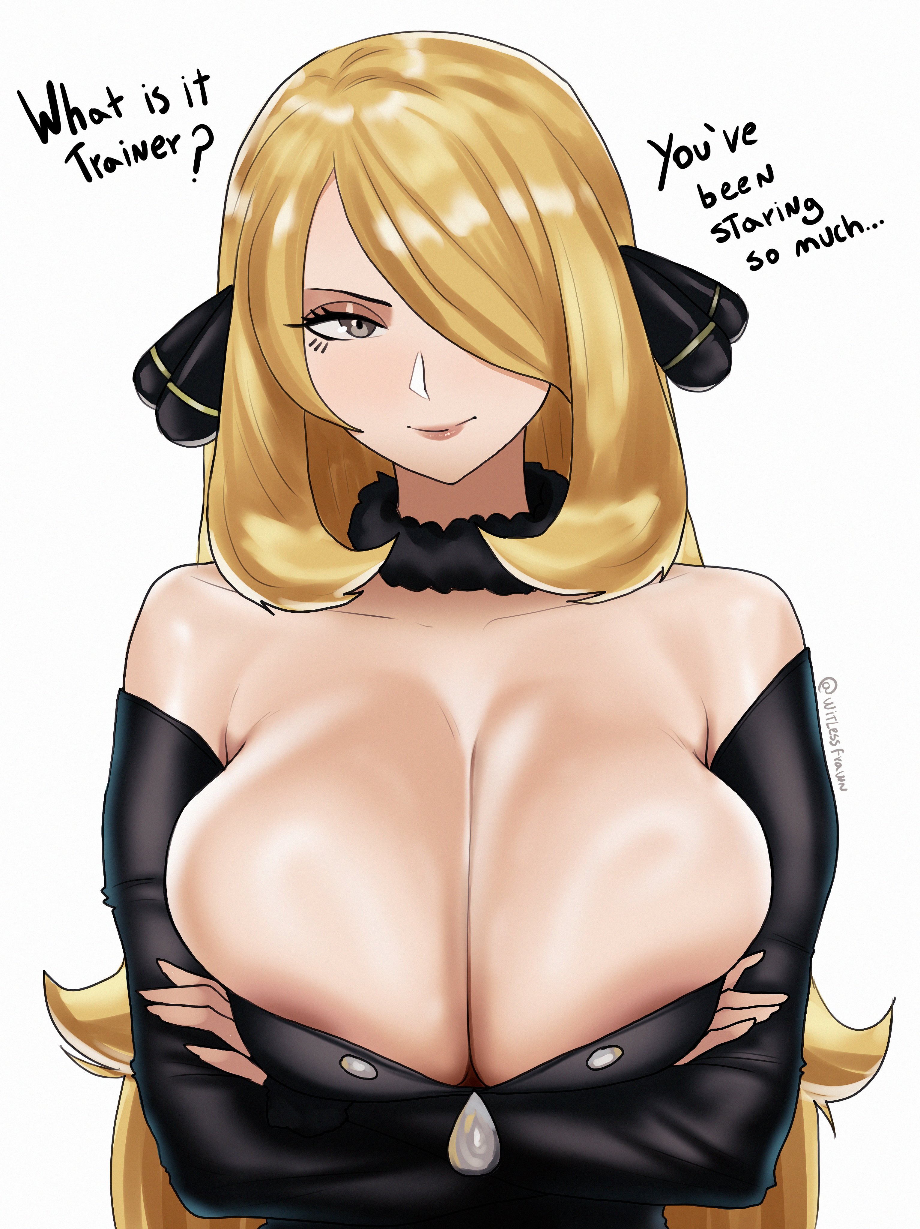 absurdres, arms under breasts, bare shoulders, big breasts, black dress, blonde hair, breasts, cleavage, collarbone, commentary, crossed arms, cynthia (pokemon), dress, english commentary, english text, female, female only, fur collar, grey eyes, hair ornament, hair over one eye, highres, huge breasts, long hair, long sleeves, looking at viewer, nintendo, pokemon, pokemon dppt, simple background, smile, solo, strapless, strapless dress, twitter username, upper body, very long hair, white background, witlessfrawn