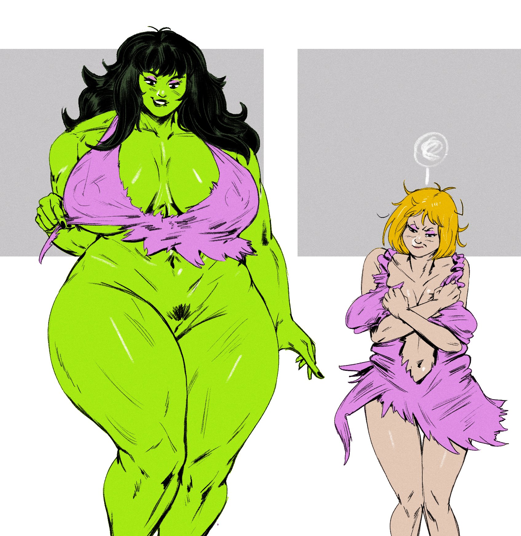 2girls, angry, angry expression, big breasts, big woman, blonde female, blonde hair, bottomless, bottomless female, breasts, chin length hair, commission, covering, covering breasts, covering self, dark hair, dress, embarrassed, embarrassed female, eyeshadow, female, female only, flat colors, frustrated, green skin, green skinned female, hips, hips wider than shoulders, huge breasts, hulk (series), jennifer walters, large breasts, larger female, makeup, marvel, marvel comics, nipple bulge, nipple outline, nipples visible through clothing, pink dress, pink eyeshadow, pubic hair, pubic tuft, pussy, redblacktac, ripped clothing, ripped dress, she-hulk, short hair, short hair female, smaller female, tagme (character), thighs bigger than torso, thighs together, torn clothes, torn clothing, torn shirt, transformation, wide hips, wide thighs