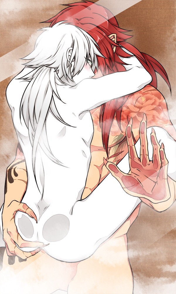 2boys against_glass aoba_seragaki ass ass_grab beast_koujaku blush claws dramatical_murder hug koujaku long_hair looking_at_viewer looking_back male male_only multiple_boys multiple_males nitro+_chiral red_hair sex shiroba tattoo white_hair white_skin yaoi