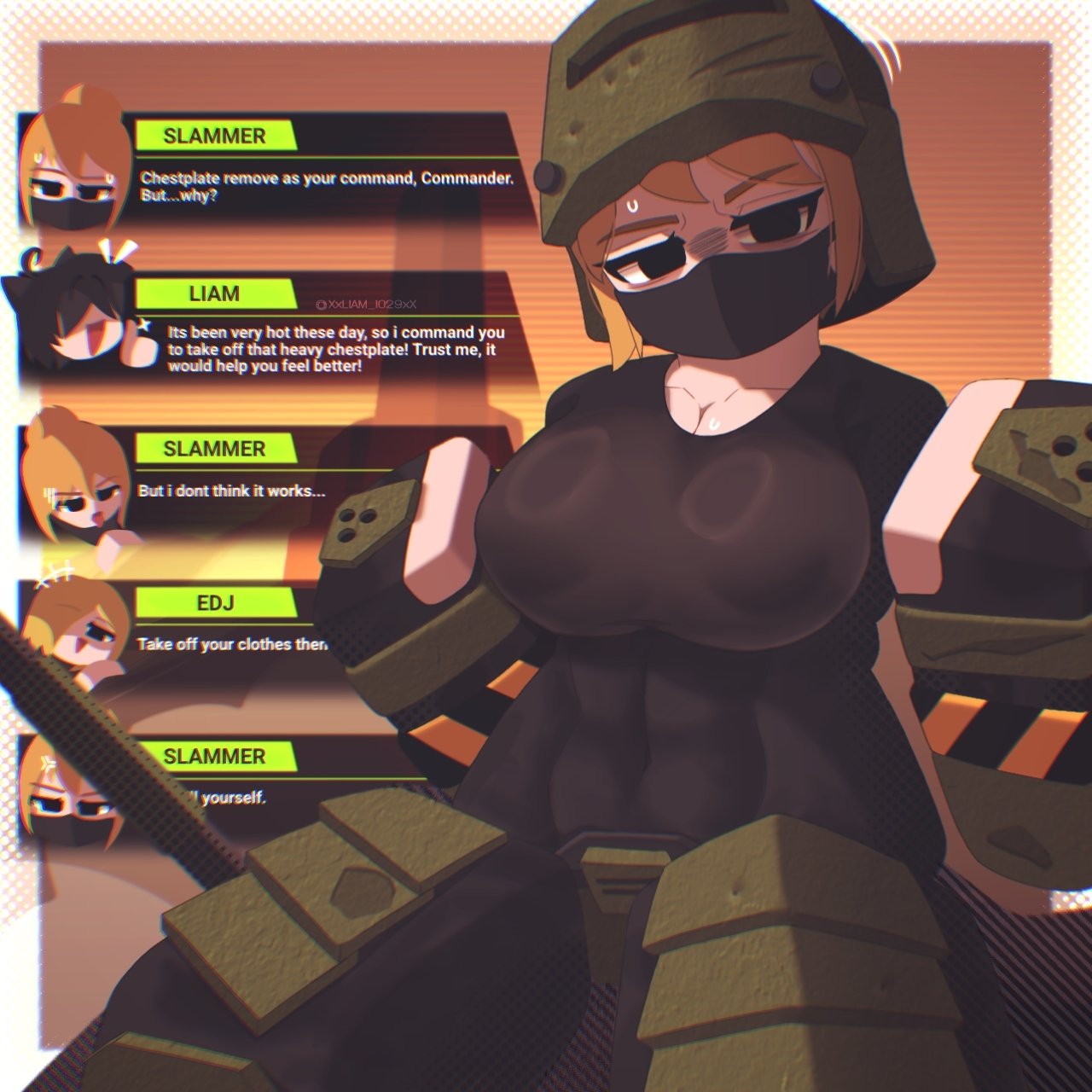 1girls anger_vein angry annoyed annoyed_expression areolae_visible_through_clothing armor armwear big_breasts black_shirt bodysuit breasts cleavage clothed color dialogue dialogue_box edj english english_dialogue english_text helmet legwear roblox roblox_game robloxian self_insert skin_tight skintight_bodysuit slammer_(tower_defense_x) speech_line tagme text tight_clothing tower_defense_x undressed xxliam1029xx