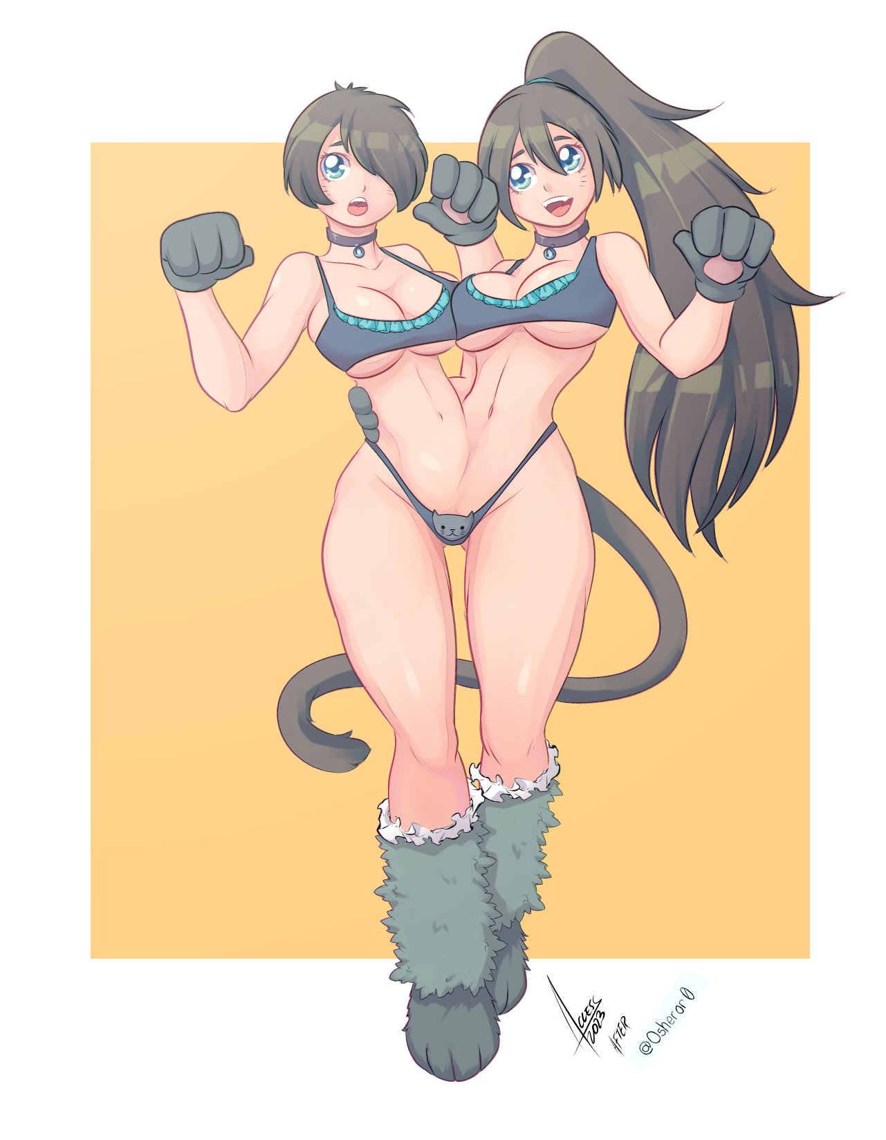 accessworld bikini black_hair blue_eyes conjoined hair_over_one_eye long_hair open_mouth short_hair tail