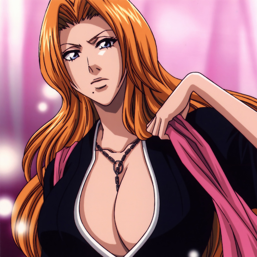 black_kimono bleach blonde_hair blue_eyes breasts chain_necklace cleavage color female female_focus female_only forehead from_below huge_breasts kimono long_hair looking_at_viewer looking_down matsumoto_rangiku mole mole_under_mouth necklace necklace_between_breasts official_art pink_shawl serious serious_face serious_look shawl tite_kubo upper_body viewed_from_below