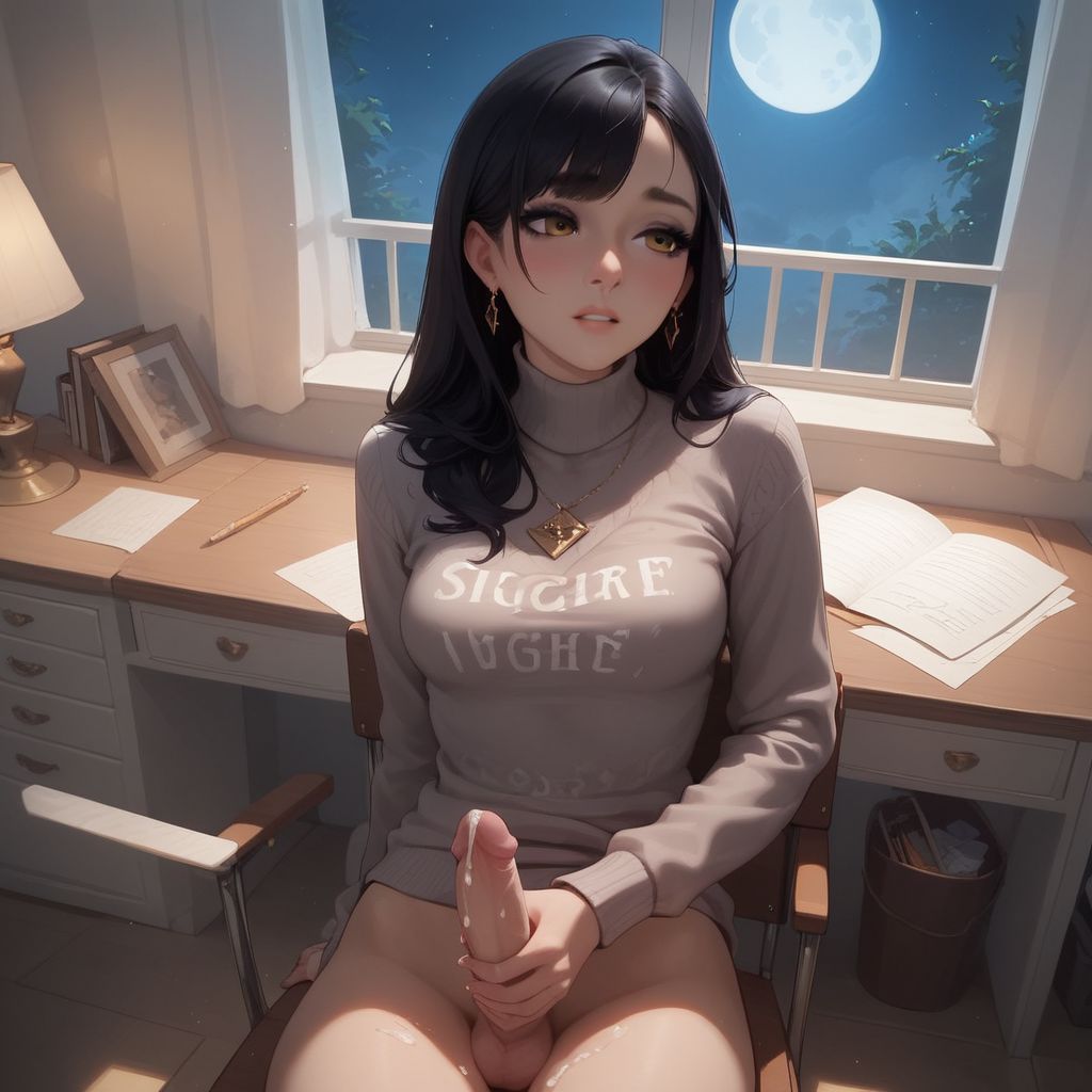 1futa, ai generated, bottomless, bottomless futa, chair, cum, cum dripping from penis, cum on penis, cum on thighs, cumming, dark cultist, desk, dickgirl, ejaculation, erect penis, erection, futa masturbation, futa only, futa sans pussy, futanari, holding penis, huge cock, indoors, intersex, long hair, long sleeves, looking to the side, masturbation, moon, no panties, paper, partially clothed, penis, self upload, short hair, sitting, sitting on chair, solo, solo futa, stroking penis, sweater, thighs, window