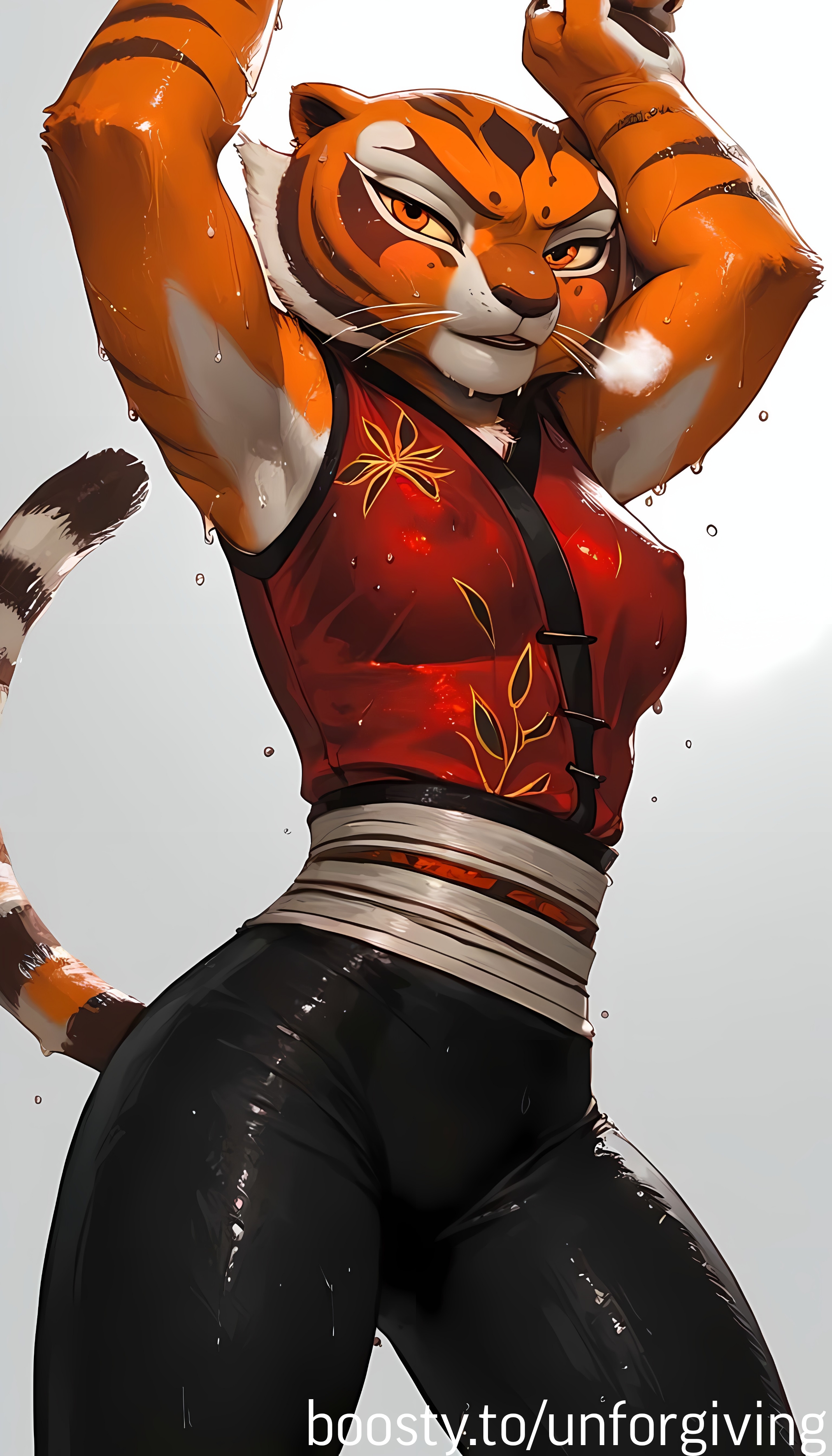 1girls, ai generated, armpit fetish, armpits, black pants, breasts, covered nipples, female, female only, fur, kemono, kung fu panda, large breasts, master tigress, orange body, orange fur, orange hair, pants, red kimono, red topwear, solo, sweat, sweatdrop, sweaty armpits, unforgiving, wet, wet body, wet clothes, wet skin