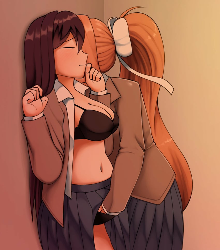 2girls against_wall black_bra black_panties blue_skirt bra breasts brown_hair closed_eyes doki_doki_literature_club fingering hair_ribbon hand_in_another's_panties hand_in_panties highres jacket kissing kissing_neck large_breasts long_hair long_sleeves monika_(doki_doki_literature_club) multiple_girls navel open_clothes open_jacket panties pleated_skirt ponytail purple_hair ribbon school_uniform skirt triple_stabber triplestabber underwear very_long_hair yuri yuri_(doki_doki_literature_club)