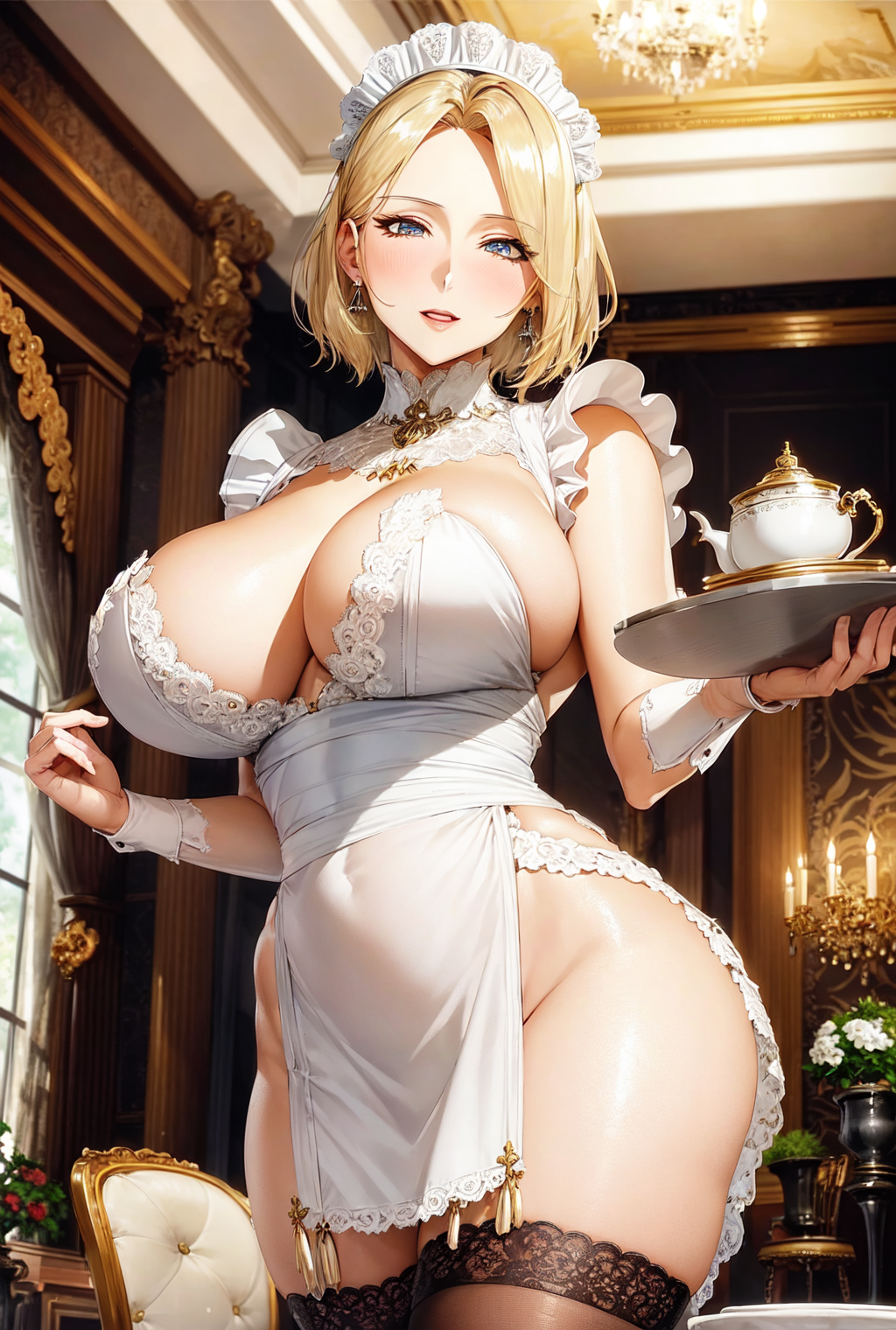 1girls 2023 ai_generated ai_hands annie_leonhardt apron attack_on_titan blonde_hair blue_eyes cleavage clothed_female curvaceous curvy_body curvy_figure female_focus huge_breasts looking_at_viewer maid maid_collar maid_headdress mansion mature_female milf mouth_open serving_tray short_hair solo_female solo_focus stable_diffusion thighhighs