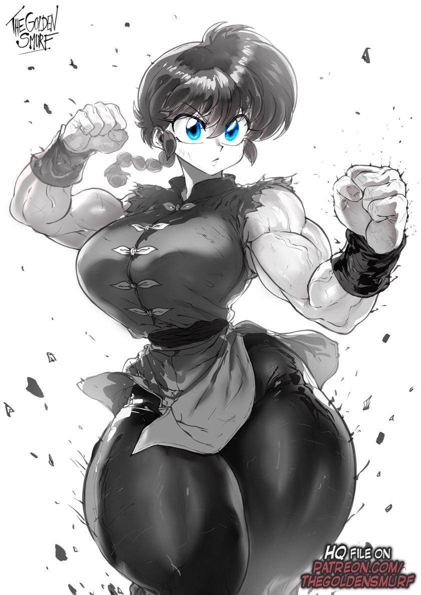 1girls black_and_white blue_eyes fighting_stance monochrome muscular_female ranma-chan ranma-kun ranma_1/2 ranma_saotome thegoldensmurf thick_thighs wide_hips wrist_cuffs