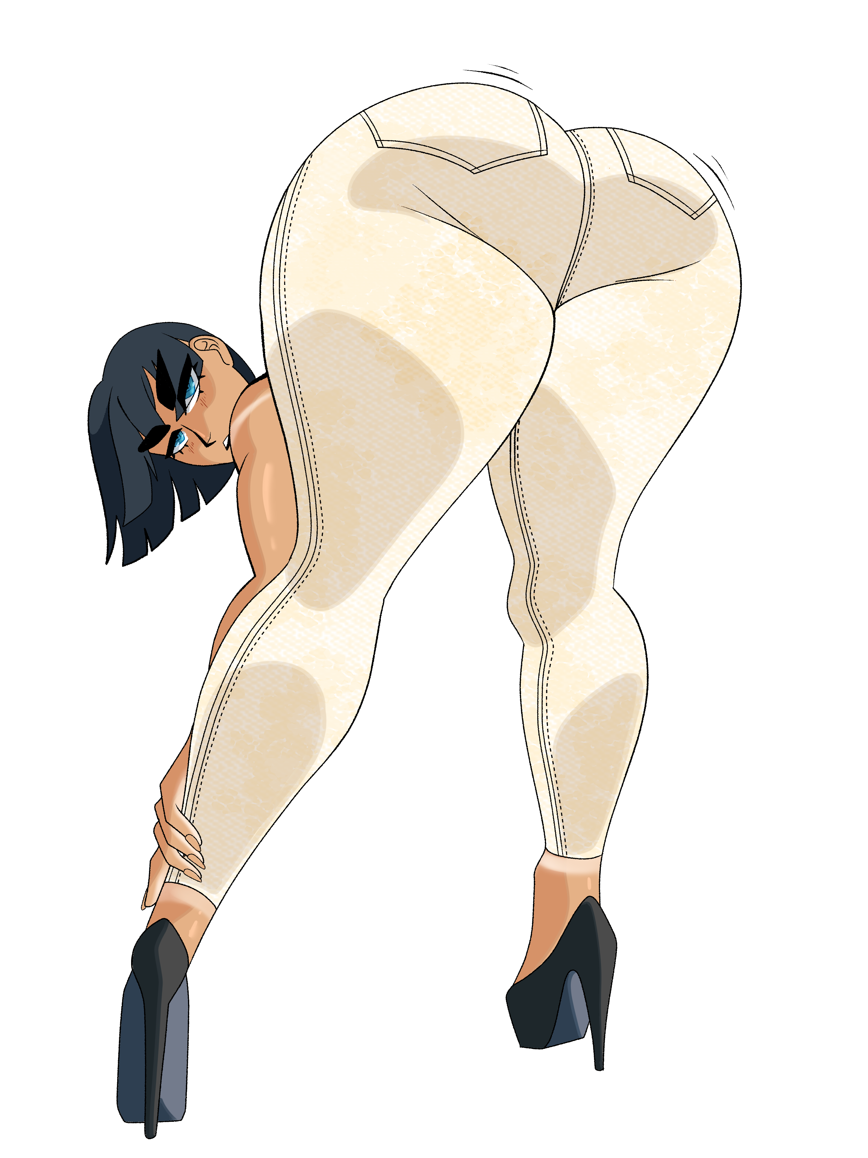 1girls, ass, bending over, bent over, big ass, big butt, black hair, blue eyes, bubble ass, bubble butt, caked up, cheesecake, clothing, dual dragon, fat ass, female, female only, high heels, huge ass, kill la kill, kiryuuin satsuki, large ass, looking at viewer, looking back, pants, png, rear view, shoes, short hair, solo, tan skin, tanline, tanned female, tanned skin, thick ass, thighs, white background