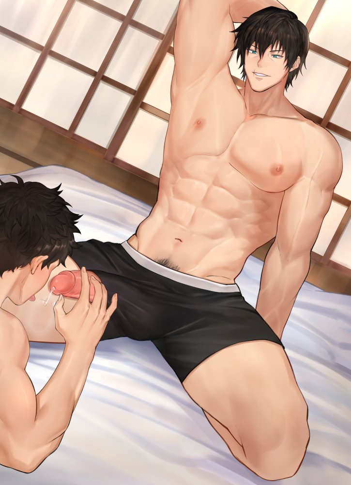 2boys abs bed black_hair cum fellatio green_eyes implied_fellatio male male_focus multiple_boys muscular muscular_male navel nipples oral original penis pubic_hair short_hair stomach tongue tongue_out yaoi zhineart