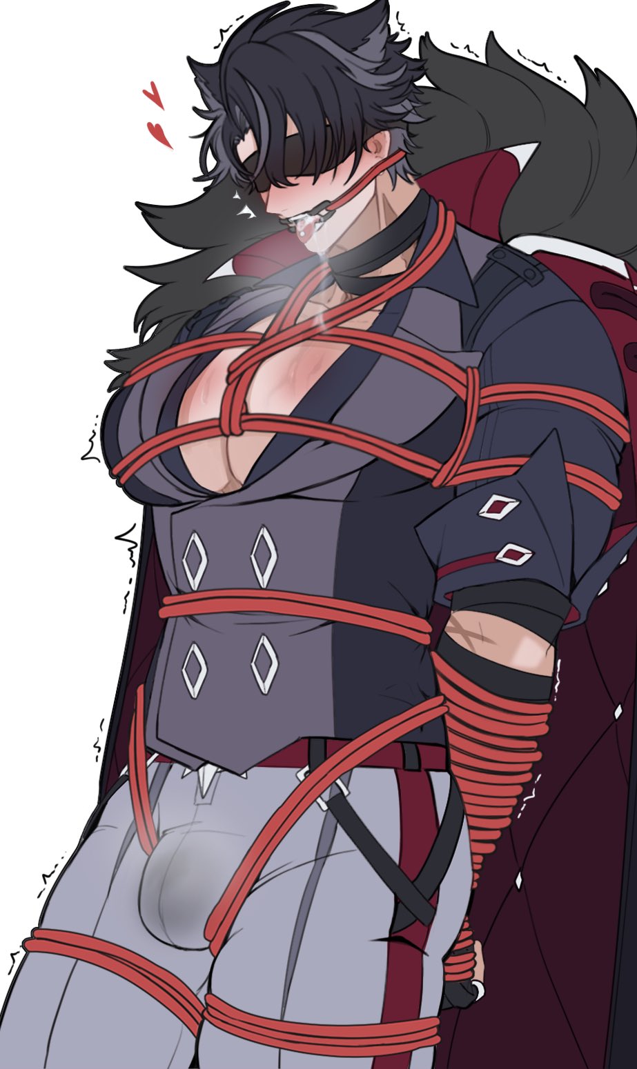 big pecs, black hair, blindfold, bondage, bulge, clothed, clothing, genshin impact, juju eateatuwu, male, male focus, male only, muscular, muscular male, pecs, rope, rope bondage, solo, solo focus, solo male, thighs, tied hands, tied up, tongue, tongue out, wriothesley (genshin impact)