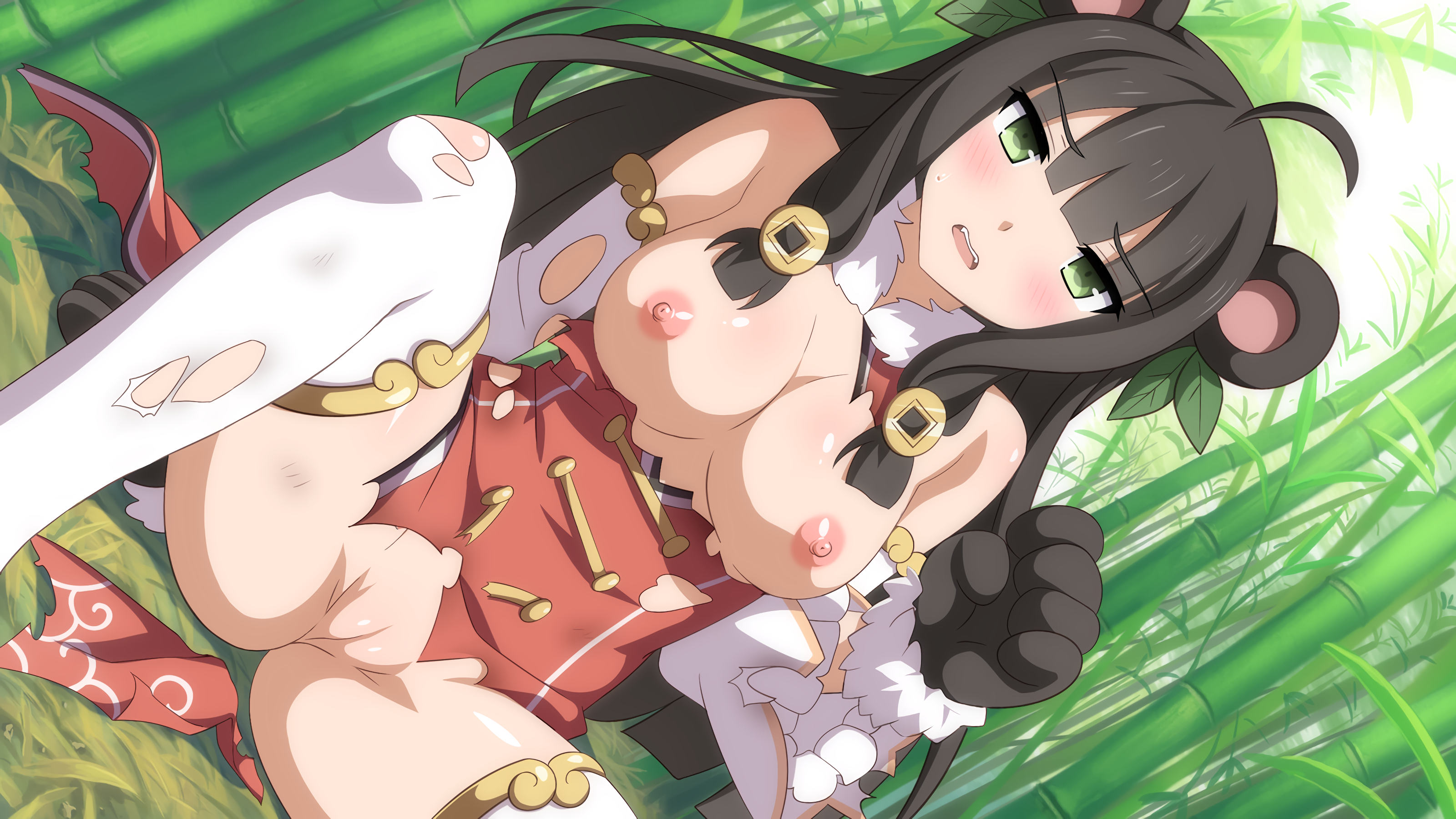 animal ears, breasts, female, panda (sakura dungeon), pussy, sakura dungeon, torn clothes, uncensored, wanaca, winged cloud