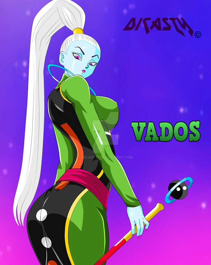 angel, angel (dragon ball), ass, blue skin, breasts, character name, dicasty, dragon ball, dragon ball super, dress, english text, eyelashes, female, female only, fully clothed, large breasts, lipstick, long hair, nail polish, nipple bulge, ponytail, purple hair, purple lipstick, purple nails, sideboob, solo, staff, standing, text, tied hair, universe 6, universe 6/universe 7, vados, very long hair, white hair