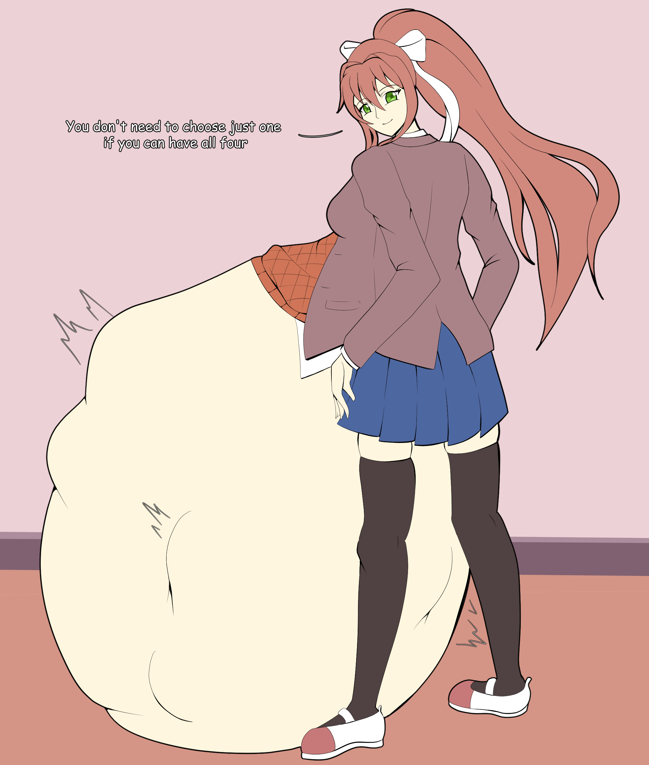 1girls, 2024, color, doki doki literature club, english text, female, green eyes, huge belly, hyper, hyper belly, implied vore, looking at viewer, monika (doki doki literature club), motion lines, ponytail, tagme, talking to viewer, thighhighs, vore, vore belly