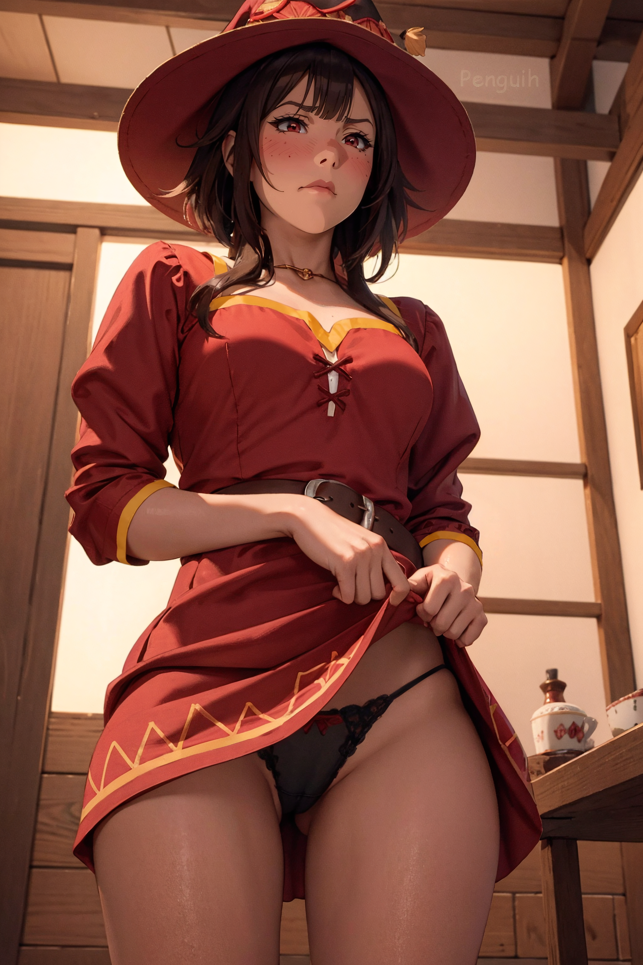 1girls, ai generated, black panties, blush, brown hair, cameltoe, cute, female, female only, from below, kono subarashii sekai ni shukufuku wo!, legs, megumin, panties, penguih, pussy, red eyes, shy, skirt lift, stable diffusion, teenager, thong, young